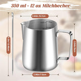 Melkmok, 350 ml roestvrijstalen melkmok met maatmarkering, Barista-accessoire, melkmok voor cappuccino, espresso, latte art, koffieliefhebbers, zilver, 355 ml