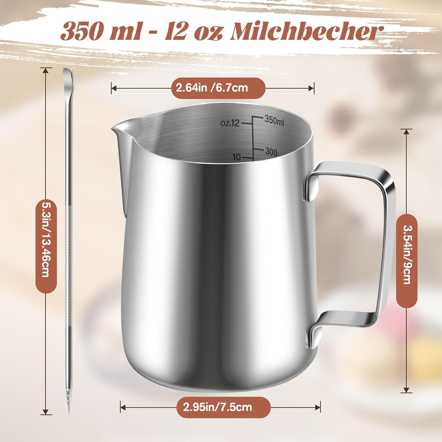 Melkmok, 350 ml roestvrijstalen melkmok met maatmarkering, Barista-accessoire, melkmok voor cappuccino, espresso, latte art, koffieliefhebbers, zilver, 355 ml