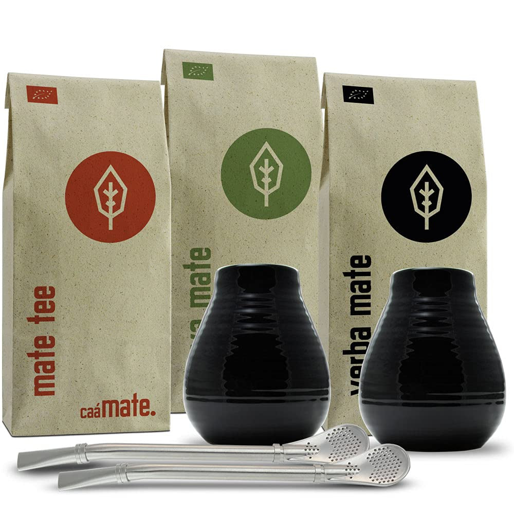 Mate theeset voor twee, biologisch ● 2 Mate kopjes + 2 bombilla's + 300 g Mate thee + bereidingsinstructies