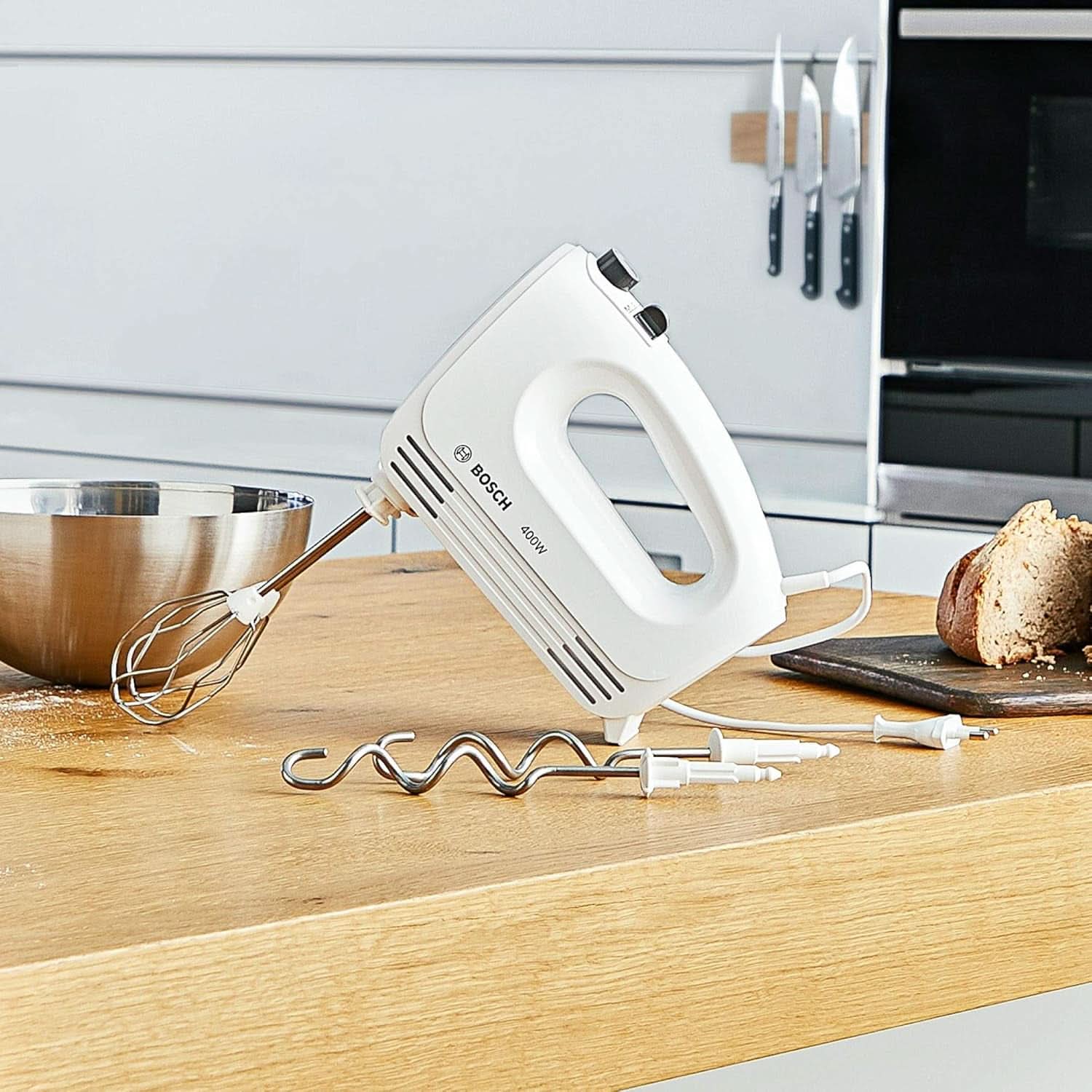 Bosch Hausgeräte Handrührer Clevermixx MFQ24200, 2 Rührbesen, 2 Spülmaschinengeeignet, 4 Stufen, Leicht, Leise, 400 W Weiß/Edelstahl Keuken Naty Shop