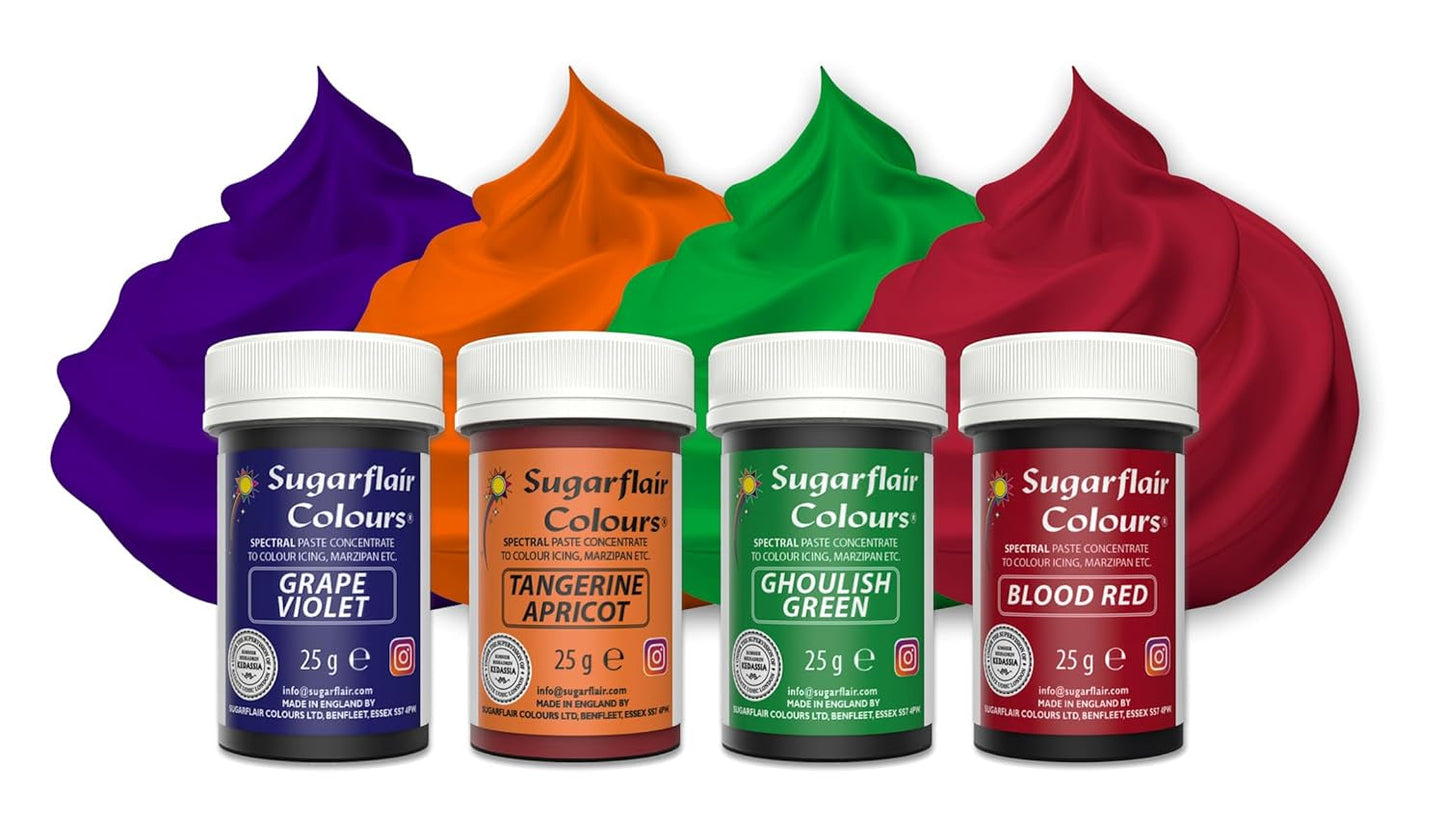 Sugarflair Pasta Food Coloring Set/4 Kleurstof voor pasta, fondant, marsepein, suikerpasta, botercrème en meer: ​​Macabre Green, Grape Purple, Blood Red