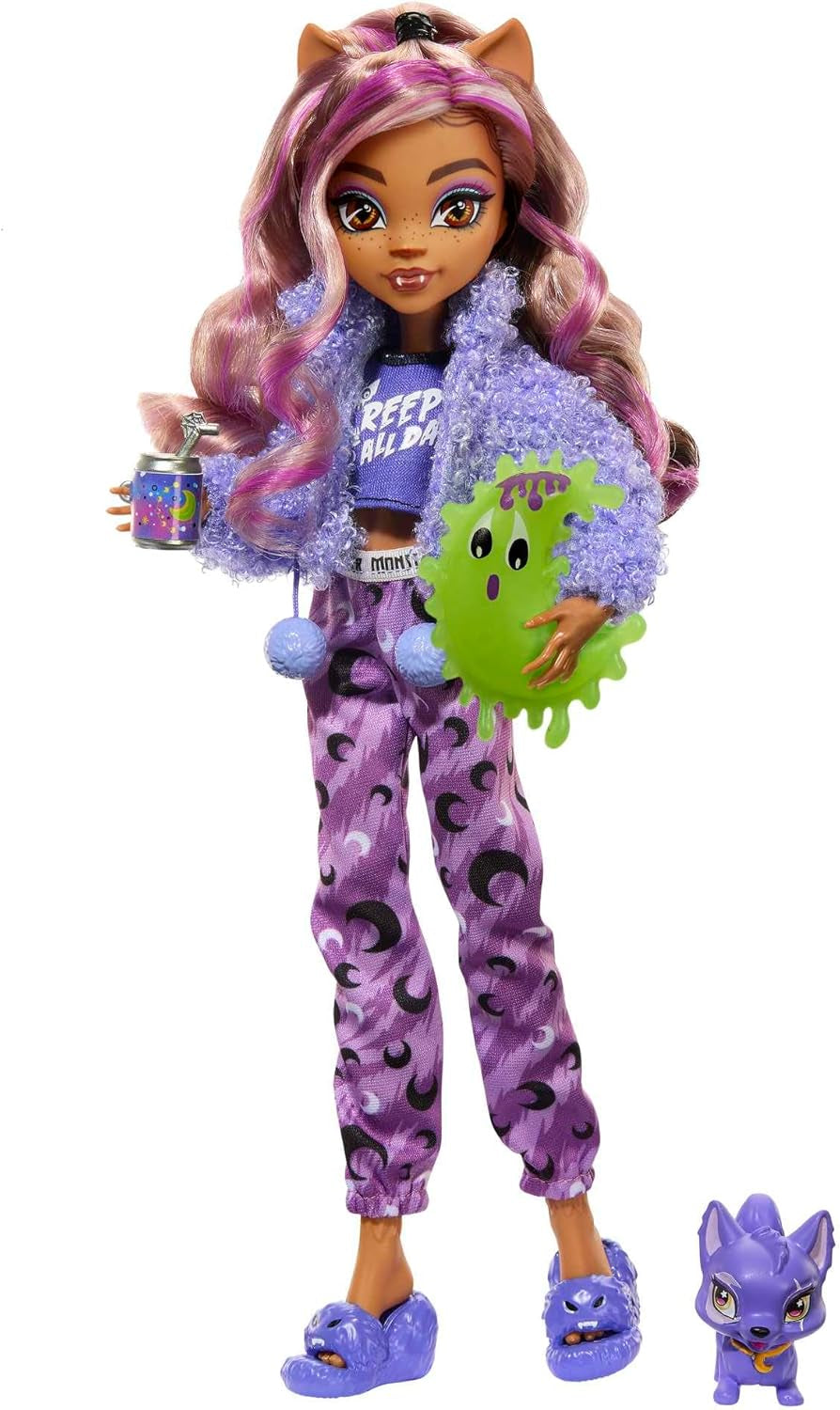 MONSTER HIGH pop en logeerpartij accessoires, Clawdeen Wolf pop met huisdier kat, halve maan, Creepover Party, HKY67