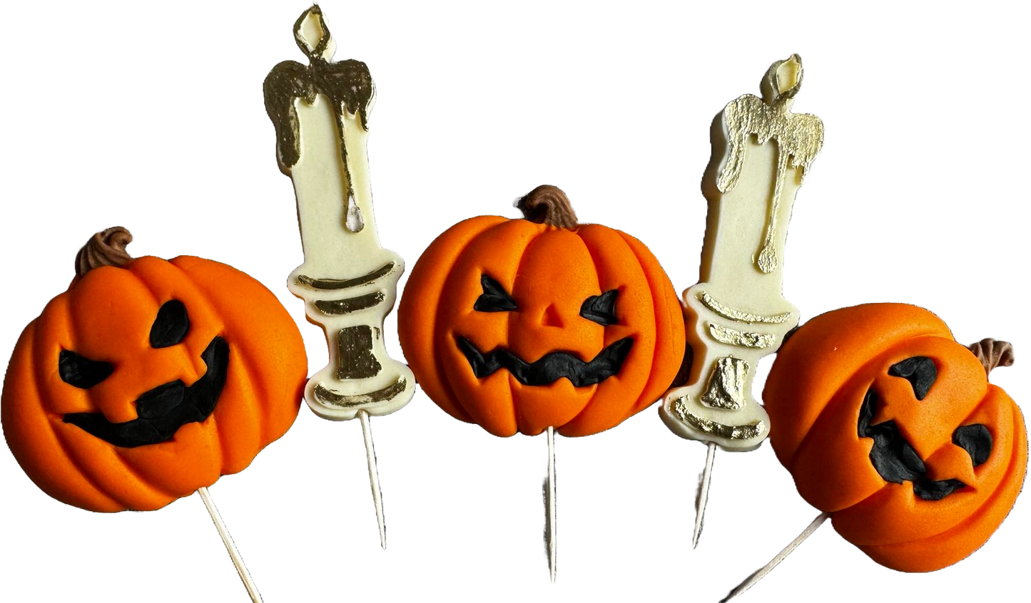 Set van 5 eetbare decoraties van suikerpasta, Halloween, pompoenen en kaarsen Sugarpaste Decorations Naty Shop