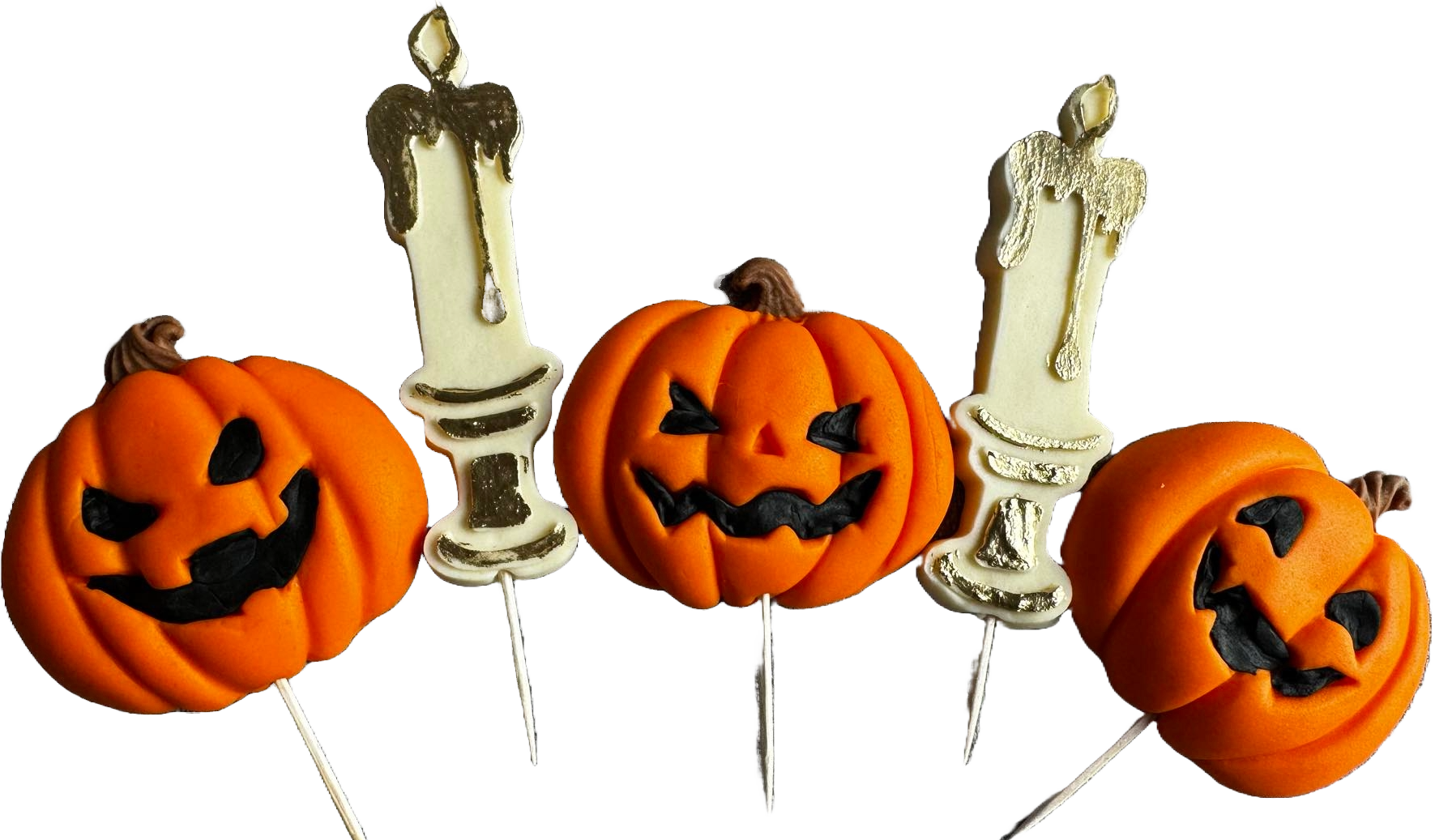 Set van 5 eetbare decoraties van suikerpasta, Halloween, pompoenen en kaarsen Sugarpaste Decorations Naty Shop
