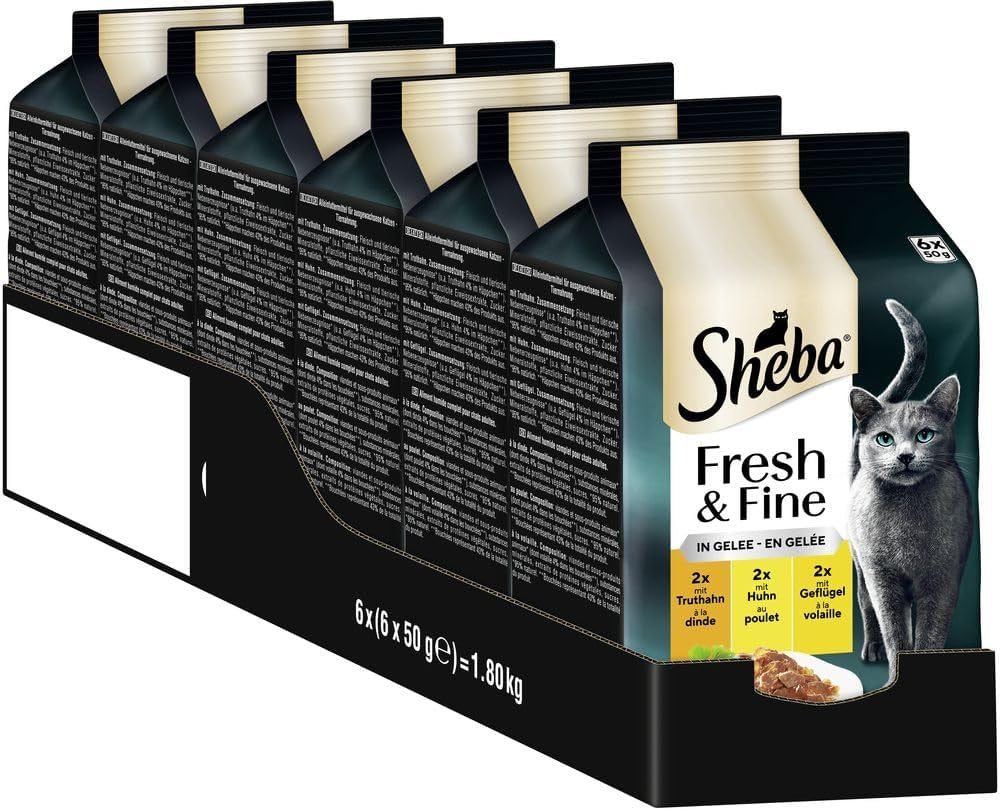 Sheba Portiezakjes Nat kattenvoer, vers en fijn kalkoen- en kipgelei multipack, 6x6x50g - Hoogwaardig kattenvoer met kalkoen en kipgelei