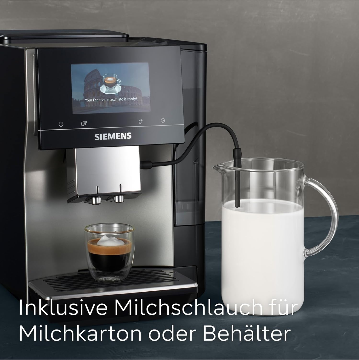 Automatische espressomachine Siemens EQ700 classic TP715D01, app-bediening, cold brew, intuïtief touchdisplay, tot 10 individuele koffiecreaties als favoriet, automatische stoomreiniging, 1500 W, zilvergrijs
