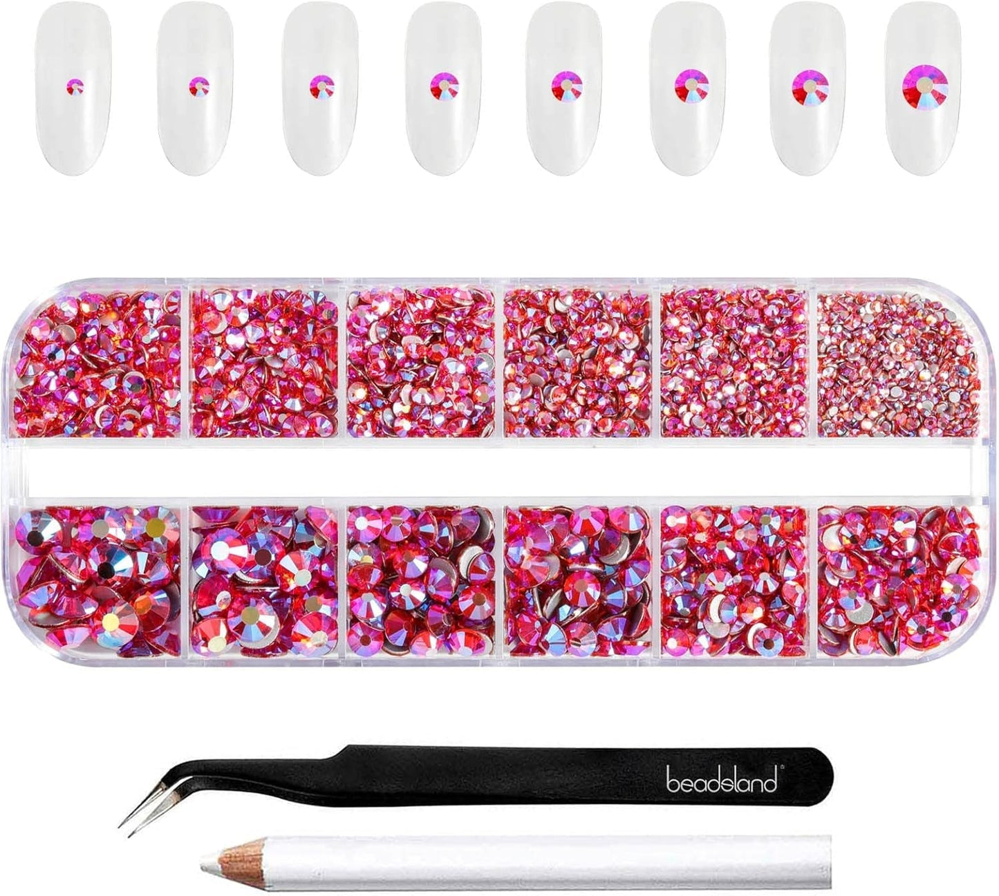 Beadsland 2500 stuks glas Nailart Strasssteine ​​Kristall Flatback Edelsteine ​​Runde, voor handwerk Gemischt 8 Größen SS4 ~ SS30 Mit Picking Pinzette en Stift (Kristall Weiss)