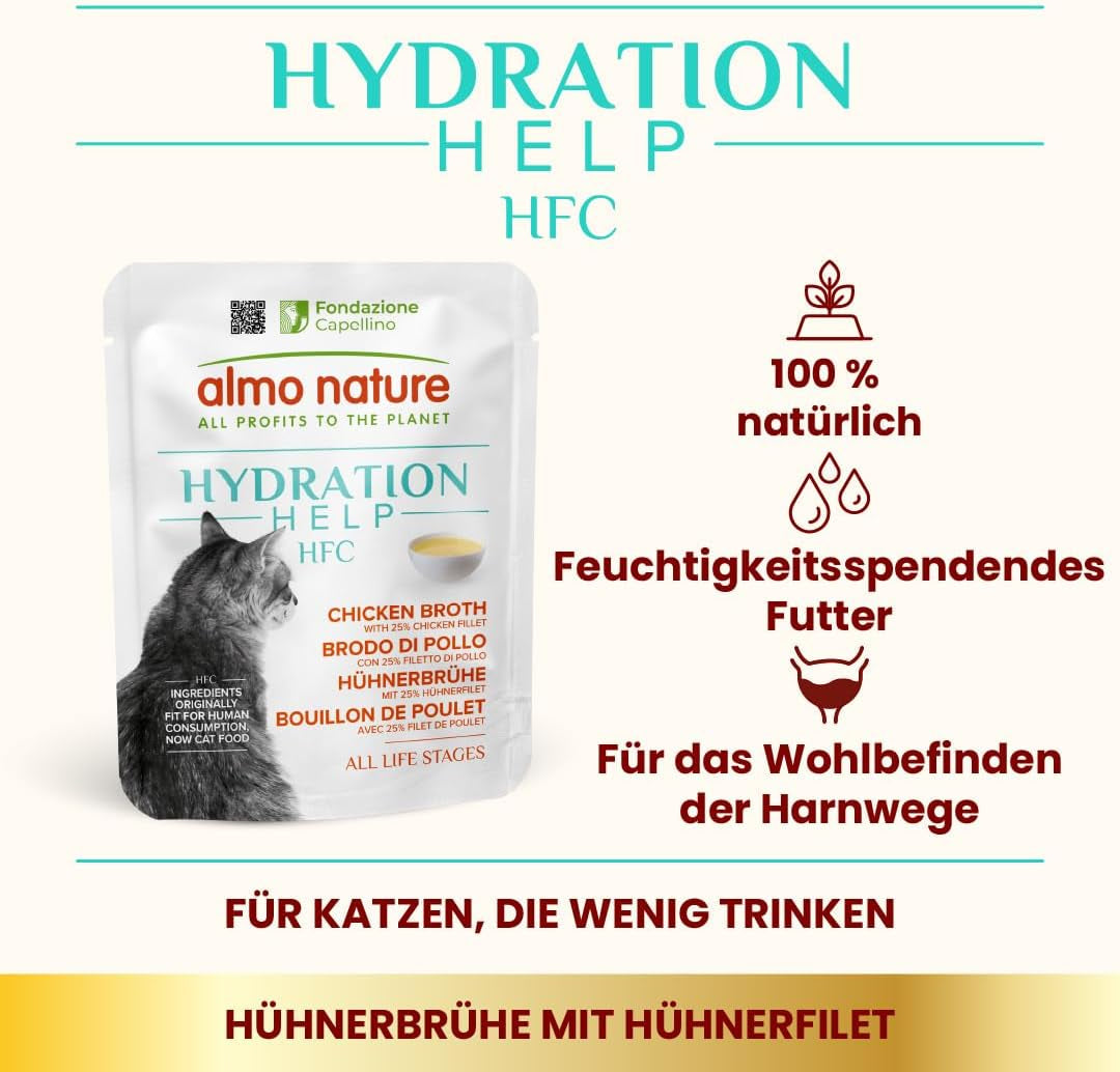 almo nature HFC Hydration Help Nat kattenvoer - kippensoep en kipfilets - geschikt voor menselijk gebruik, glutenvrij, monoproteïne, 50 g, 24 stuks, 1,2 kg