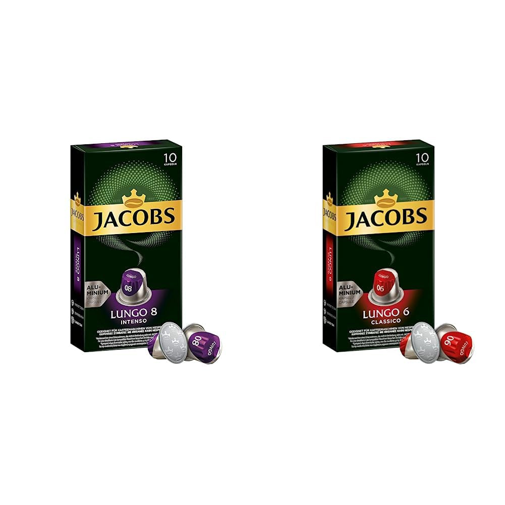 Jacobs Kapseln Lungo Intenso, Intensität 8 & Kapseln Lungo Classico, Intensität 6, 100 Nespresso®* compatibele Kaffeekapseln, 10er Pack, 10 x 10 Getränke
