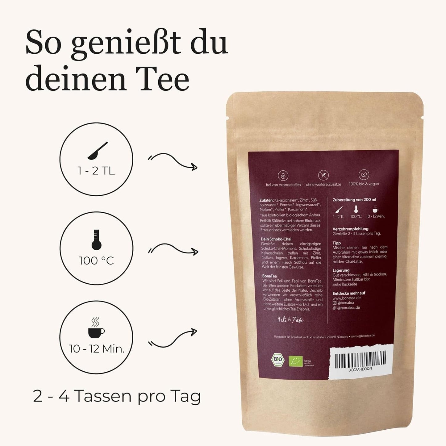 BIO Schoko Chai kruidenthee zonder suiker, met cacaopeulen, kaneel, zoethout en andere aromatische Chai-kruiden, 100 g
