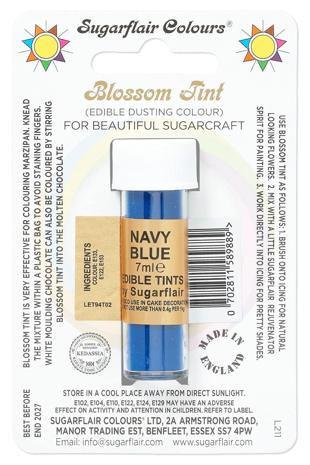Kleurstofpoeder Sugarflair Blossom Tint Dusting, marineblauw - Kleurstofpoeder voor het decoreren van gekleurde suikerpasta, fondant, glazuur, chocolade, botercrème, bitterkoekjes - 7 ml