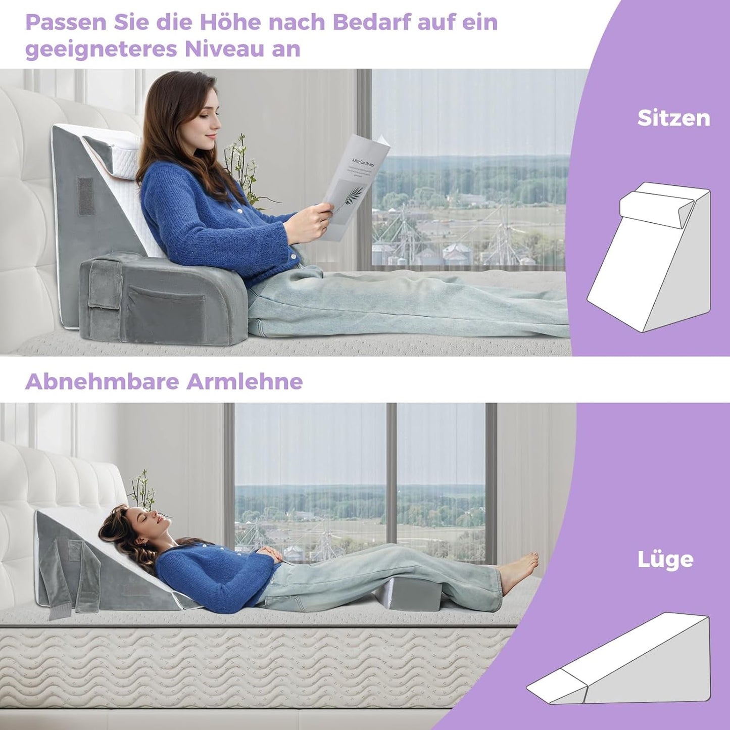 Groot leeskussen met handgreep, schuim met hoge dichtheid, ergonomisch rugkussen, armleuningen, neksteun en hoofdsteun, verstelbaar zitkussen om te slapen, spelen, tv kijken, voor bed en bank