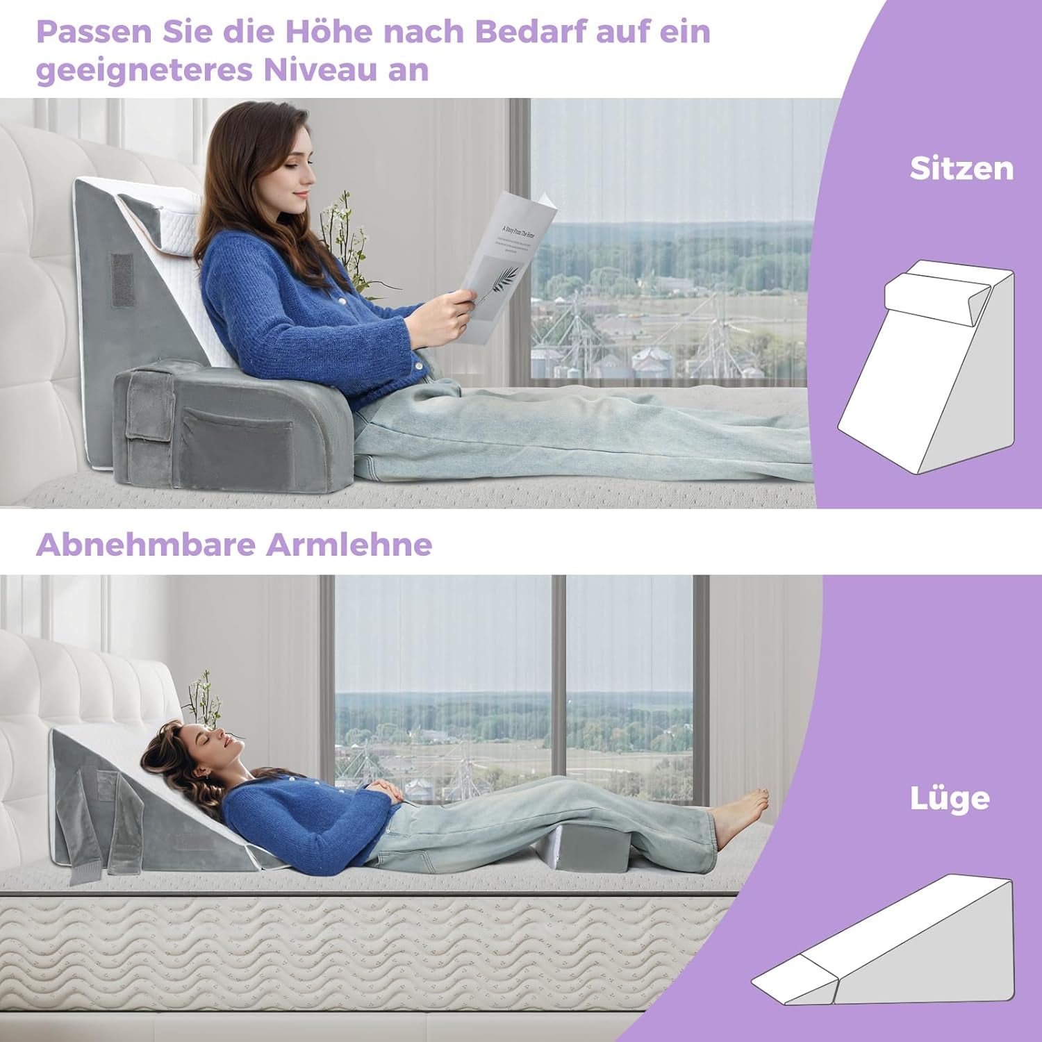 Groot leeskussen met handgreep, schuim met hoge dichtheid, ergonomisch rugkussen, armleuningen, neksteun en hoofdsteun, verstelbaar zitkussen om te slapen, spelen, tv kijken, voor bed en bank