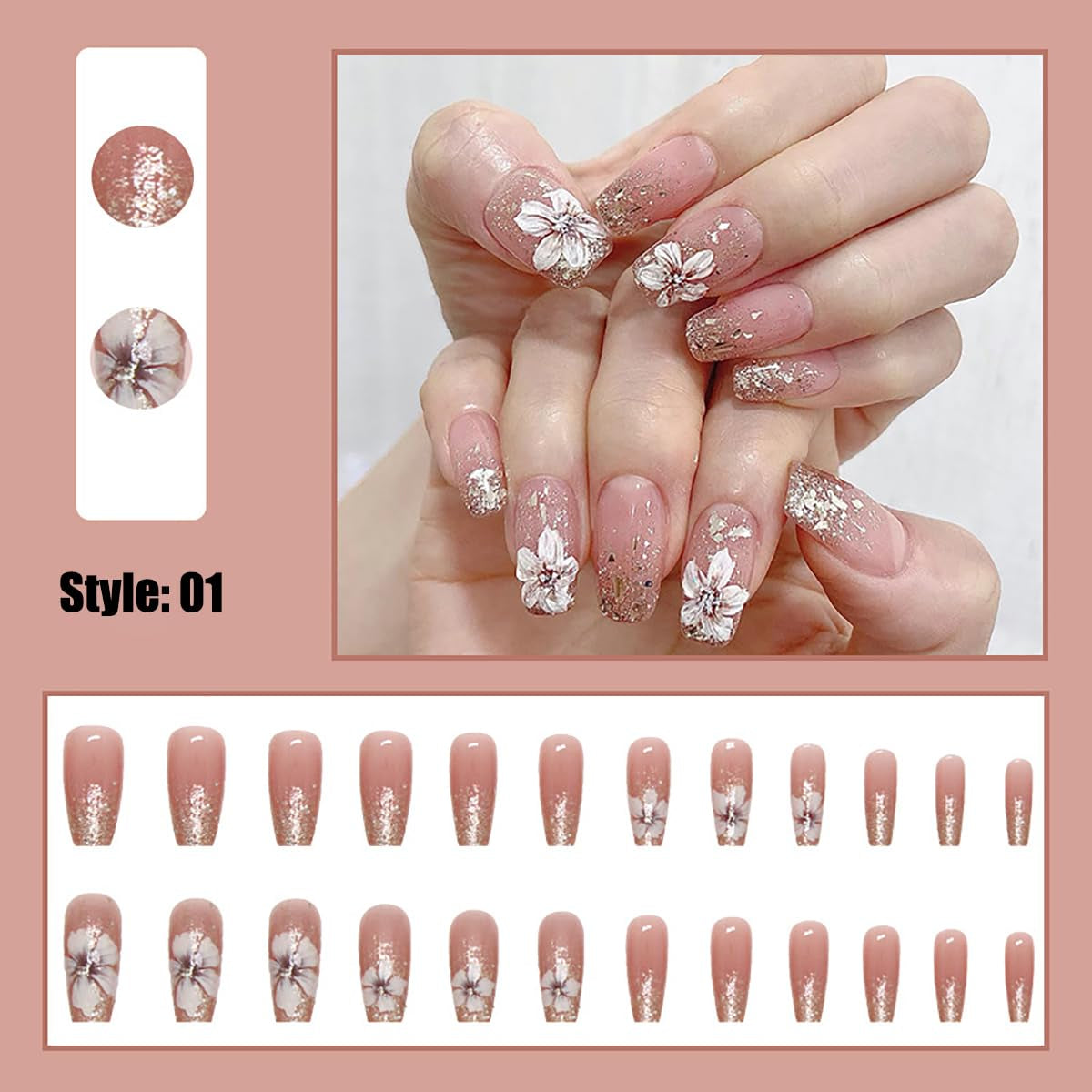 Kunstnagels Natuurlijke glitter Korte druk op acryl Zelfklevende glitternagels voor dames Meisjes Nagelkunstaccessoires 48 stuks