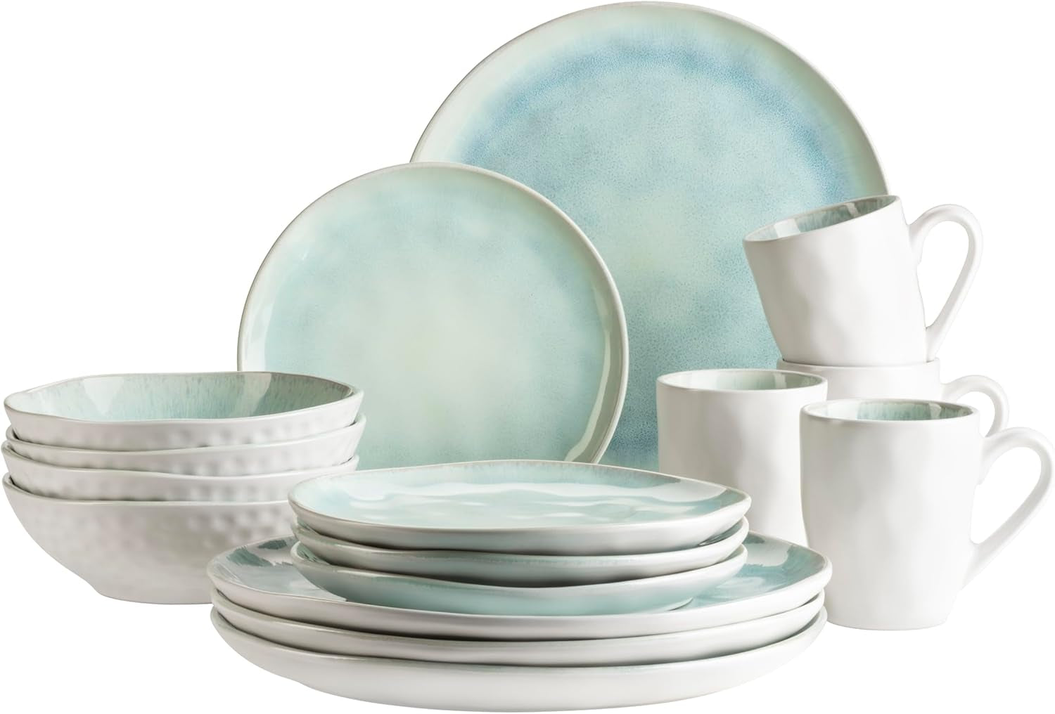 MÄSER Frozen-serie, keramische serviesset voor 4 personen, 16-delig combinatieservies met organische vormen, kleurrijk servies, steengoed, turkooisgroen