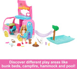 Barbie Chelsea 2-in-1 caravan - speelgoedvoertuig met zwembad, hangmat en eethoek voor fantasierijk spel en verhaaltjes, vanaf 3 jaar, HNH90
