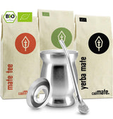 Mate Bio Theeset ● 3 Assortimenten Mate + Dubbelwandige Mate Mok van RVS + Bombilla + Zetinstructies (Zwart)
