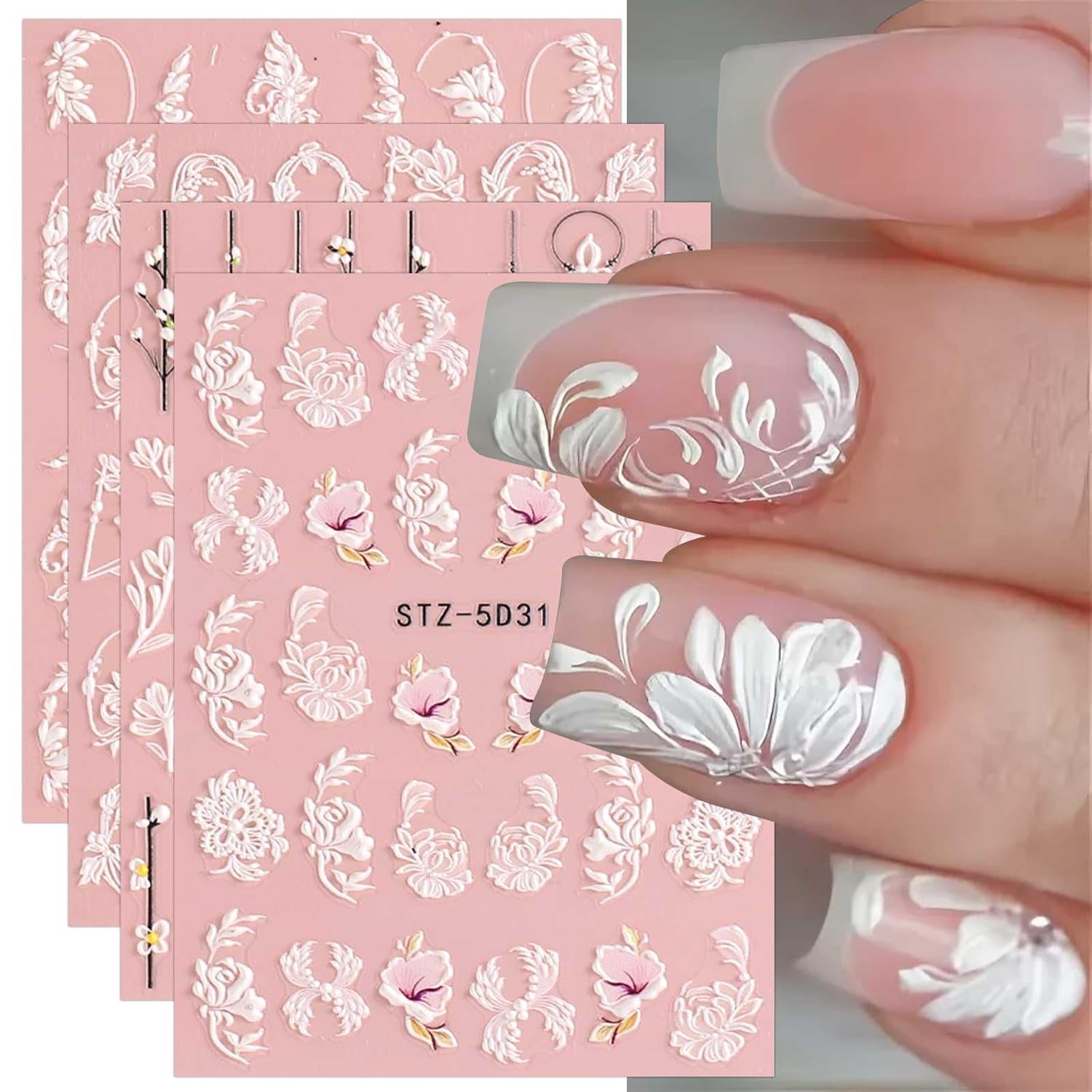 4 Blatt 3D Nagelsticker Frühling Blume Nagelaufkleber 5D Stereoskopisch Selbstklebend Nail Art Sticker Decoratie Nageldesign Zubehör