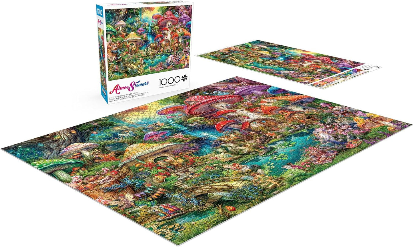 Buffalo Games - Aimee Stewart - Merry Mushroom Village Picnic - puzzel van 1000 stukjes voor volwassenen, uitdagende puzzel, perfect voor game-avonden - kant-en-klaar formaat 26,75 x 19,75 cm puzzel Naty Shop