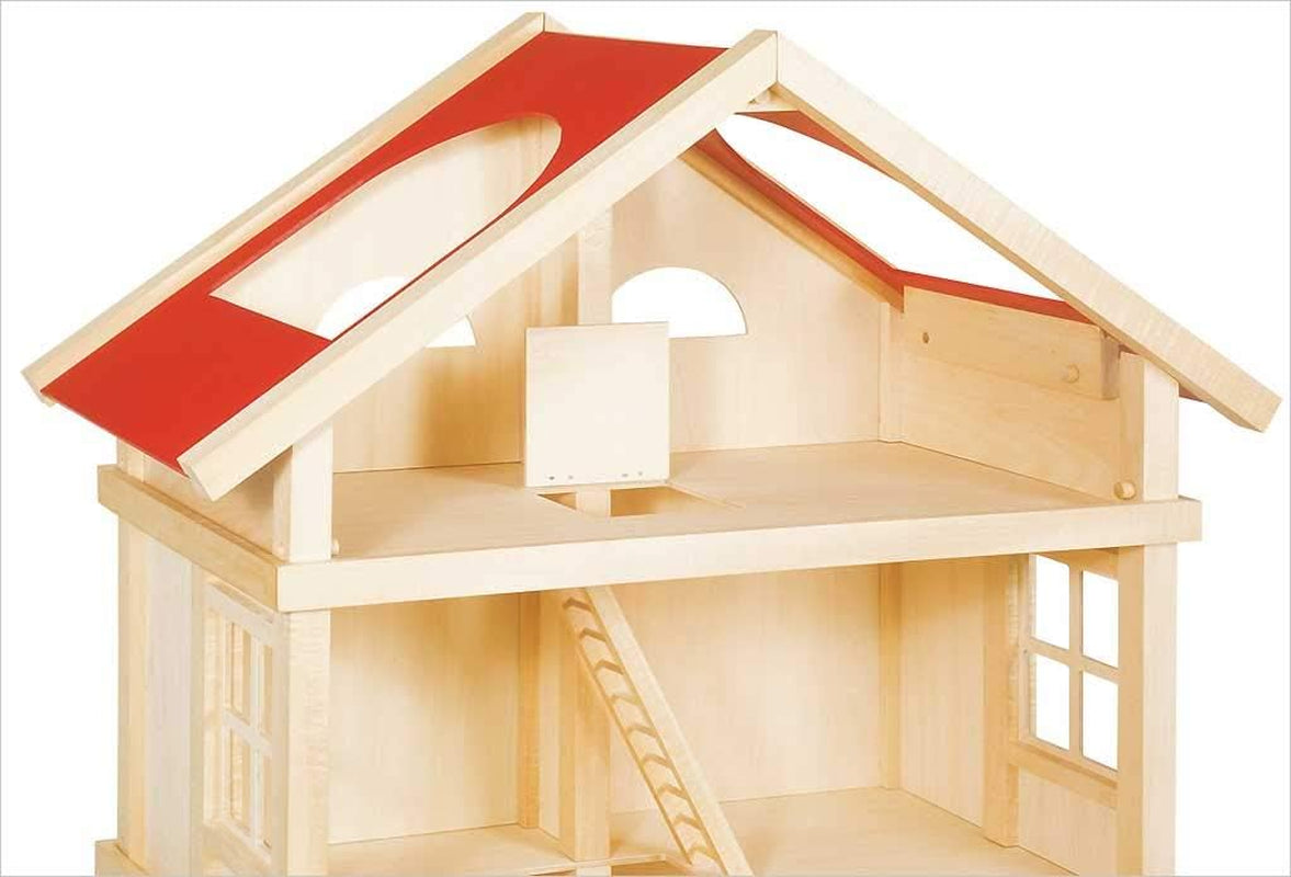 51957 Houten poppenhuis, 65 x 35 x 87,5 cm - Groot houten poppenhuis, 3 verdiepingen, open ontwerp, rood dak, trappen en balkon voor creatief rollenspel, poppenhuisspeelwereld