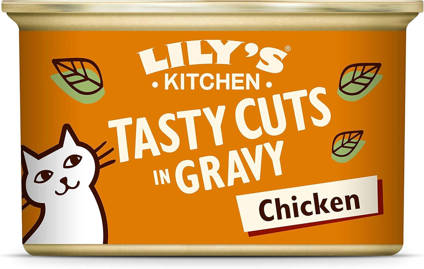 Lily's Kitchen Natuurlijk natvoer voor volwassen katten, ingeblikt, smakelijke stukjes in kippenjus, graanvrij recept (24 bakjes x 85 g)