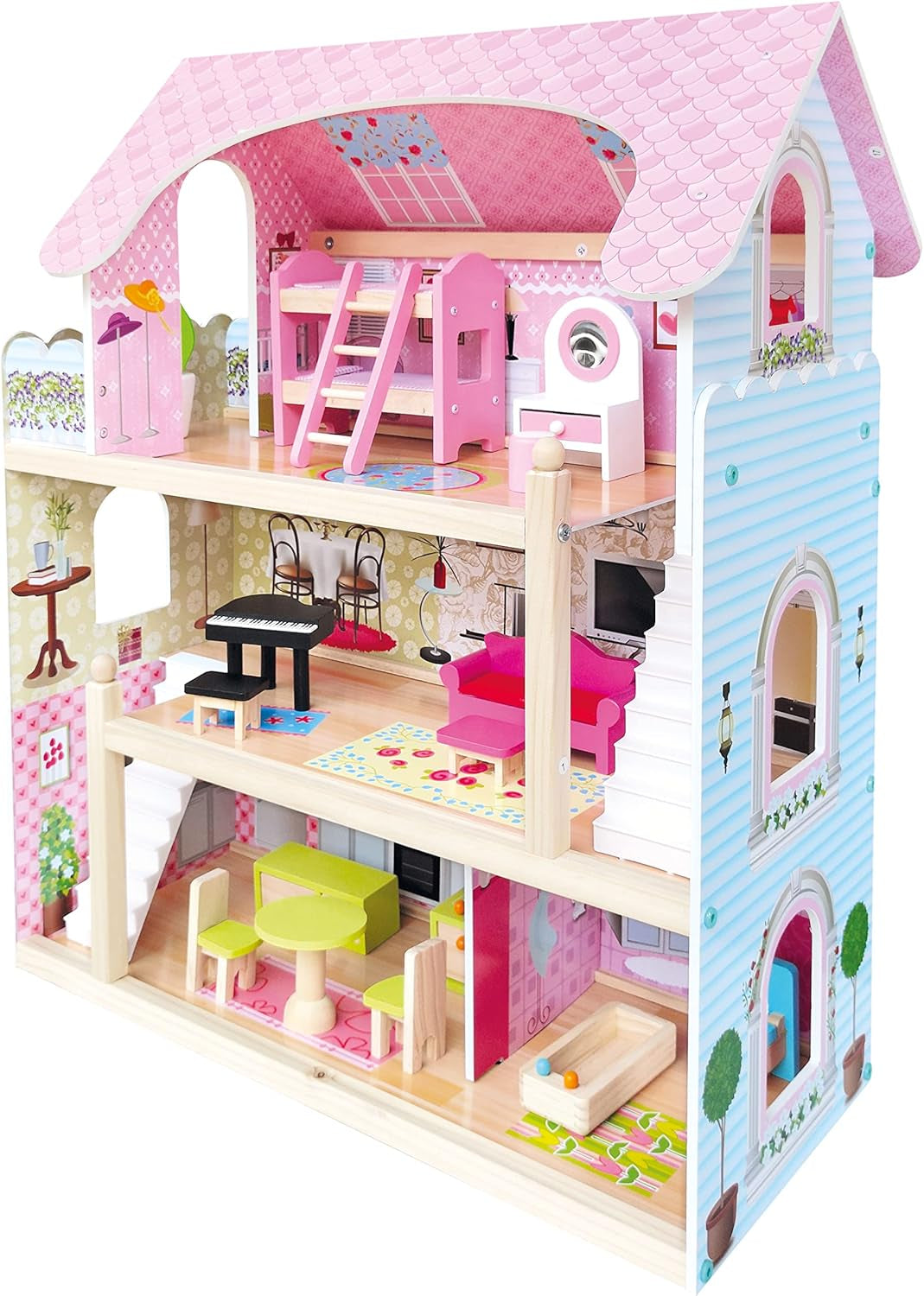 Bino World of Toys Poppenhuis met balkon, Speelgoed voor peuters vanaf 3 jaar, met 3 verdiepingen, trappen, 4 kamers en balkon incl. 15-TLG. Accessoires, Om de vaardigheden van kinderen te bevorderen, Roze design Naty Shop poppenhuizen