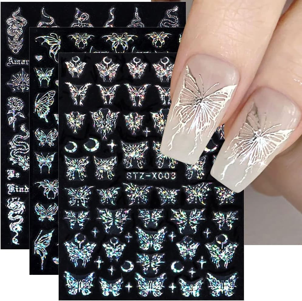 6 Blatt Schmetterling Nagelsticker Selbstklebend Laser Zilver Schmetterlings Nagelaufkleber 3D Aurora Silber Schwarz Schmetterlinge Nagelstickers Frühling Nageldesign Nagelsticker Nail Art Zubehör