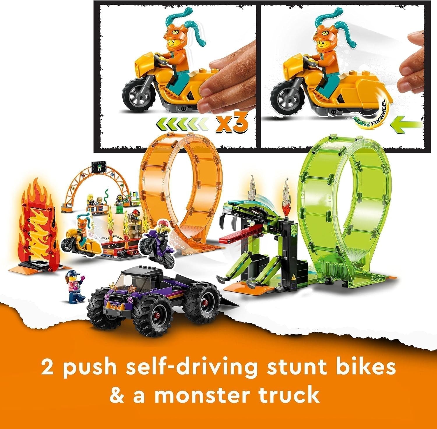 LEGO 60339 City Stuntz Stuntzshow dubbele loopingset, incl. oprit, monstertruck, 2X motorfiets en 7 minifiguren, speelgoed voor kinderen vanaf 7 jaar Bouwsets Besuche den LEGO-Store