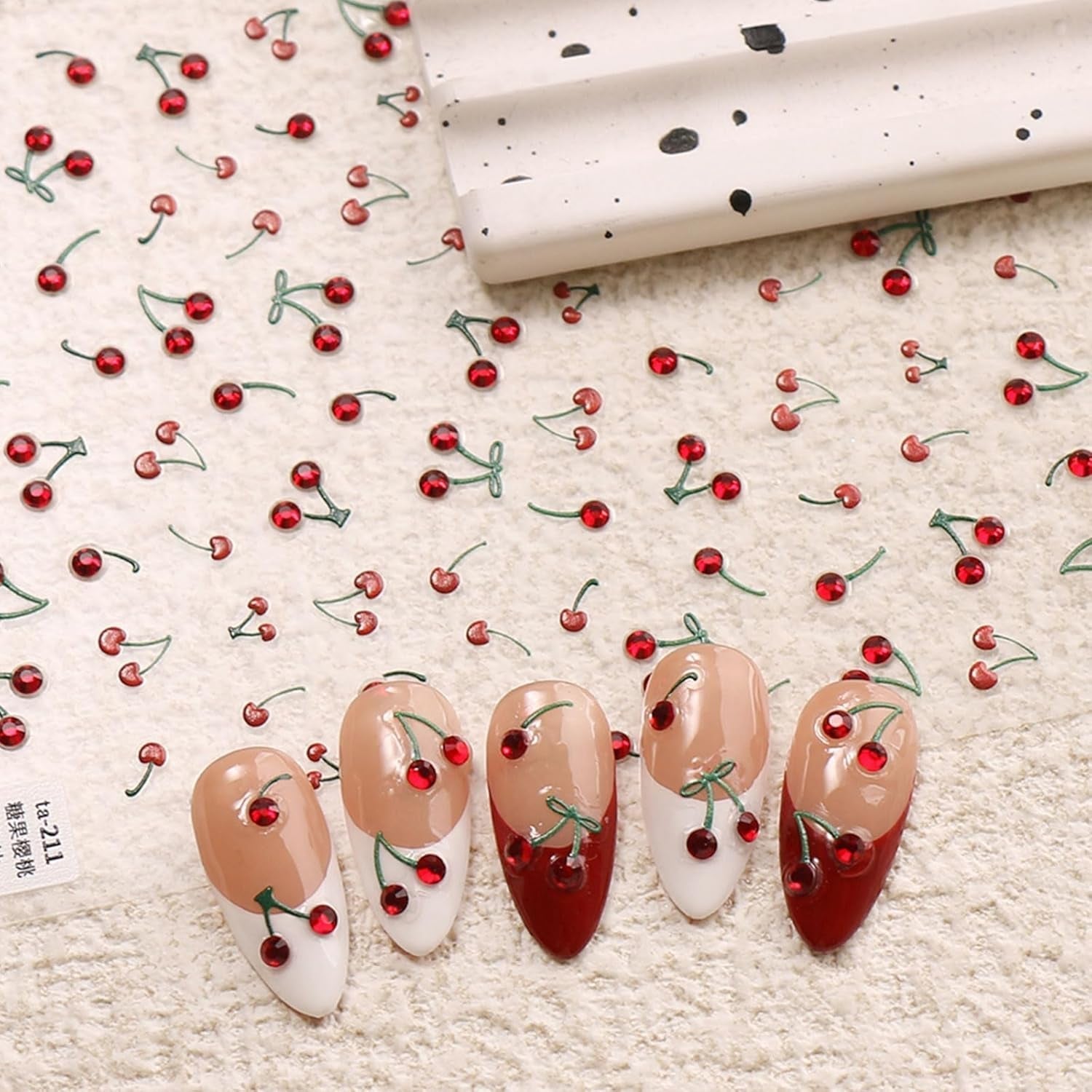 JMEOWIO 3D Nagelsticker Kirsche Nail Art Sticker Selbstklebend Nagelaufkleber 5D Stereoskopische Decoratie Nageldesign Zubehör 1 Blatt