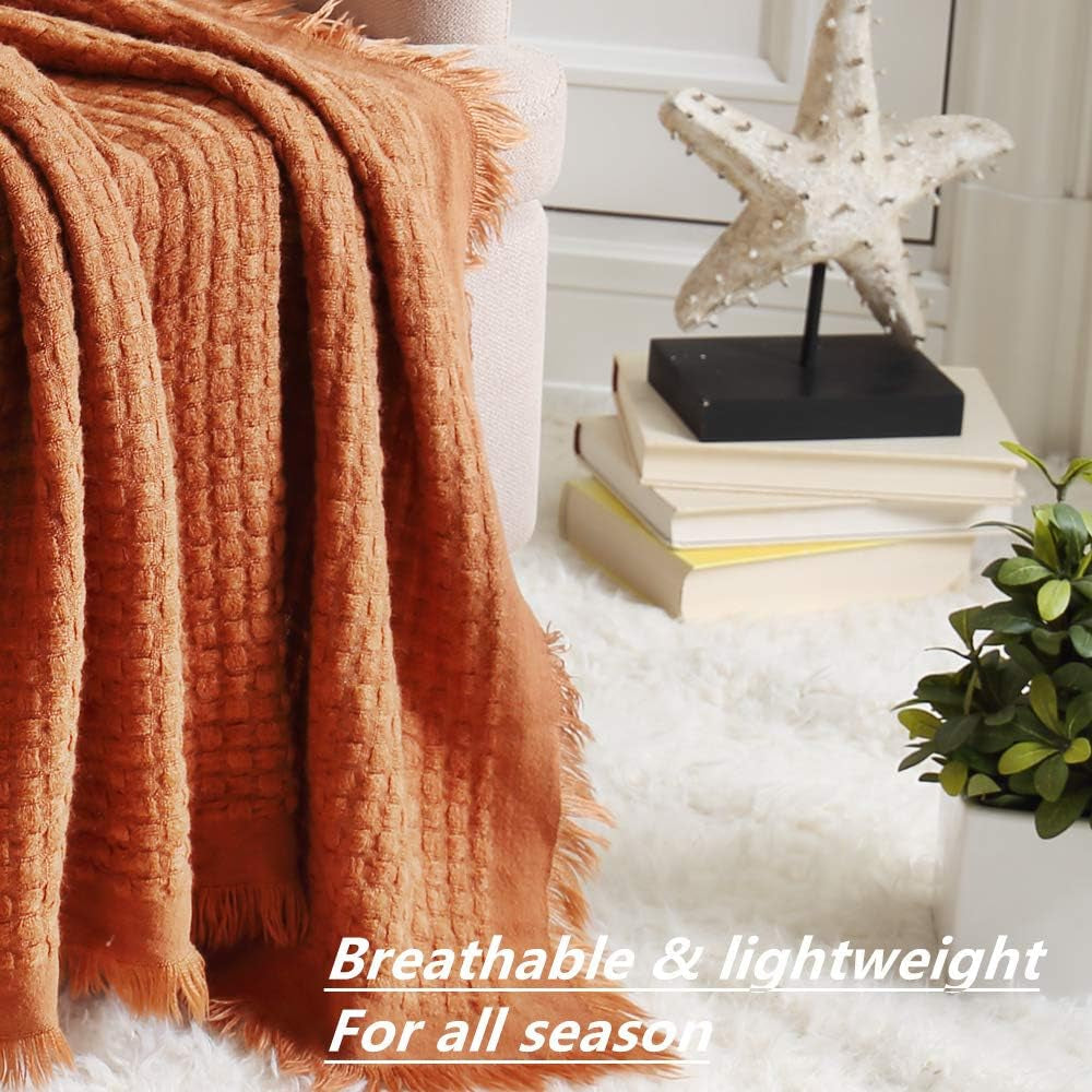 CREVENT Roest Gebreide Deken voor Bank Fauteuil Bed Woondecoratie Zacht Warm Gezellig Lichtgewicht Lente Zomer Herfst (127,8 X 152,4 cm Karamel / Bruin / Verbrand Oranje) CREVENT Bedden en Dekens