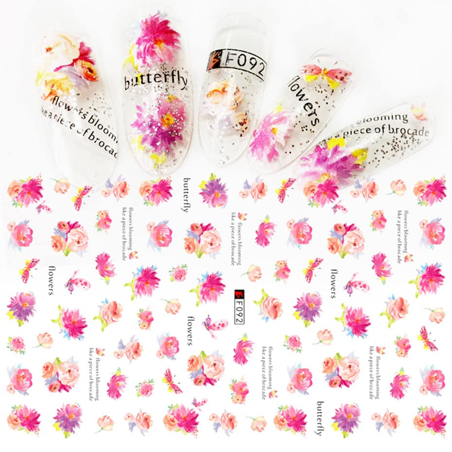 JMEOWIO Nagelsticker Frühling Blume 9 Blatt Nagelaufkleber Selbstklebend Rosa Blüte Nail Art Sticker Decoratie Nageldesign Zubehör