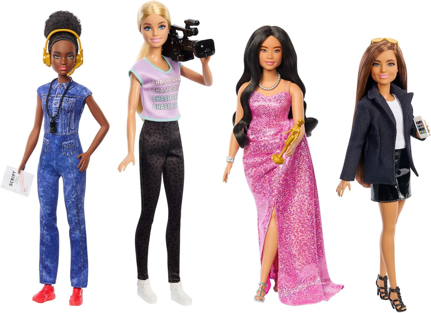 Barbie Berufe-Set met 4 poppen en meiden, vrouwen in de filmbranche met studioleiterin, regisseur, kamerafrau en filmster in Australische outfits, HRG54