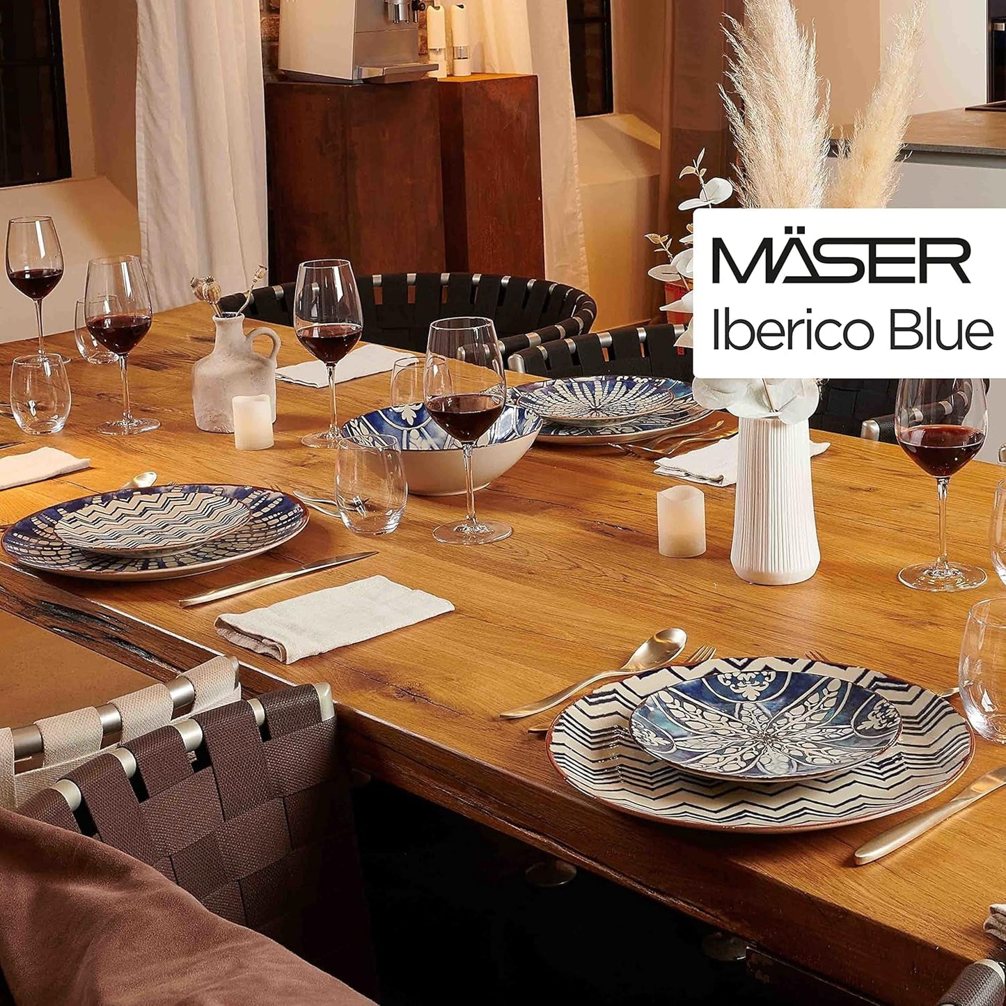 MÄSER 934017 Ibericoblauwe 4-persoons dinerset, 12-delig, Moorse stijl, verschillende vintage ontwerpen in wit en blauw, keramiek