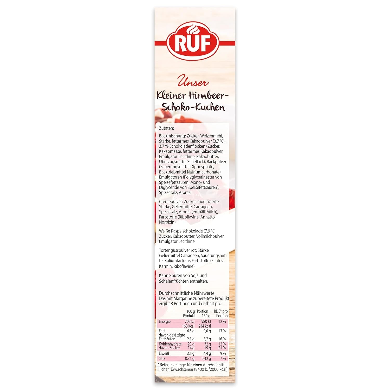 RUF Kleiner Himbeer-Schokokuchen, Mini-Kuchen Mit Feiner Puddingcreme, Himbeeren en Weißen Schokoraspeln, Inkl. Backform, 1X252G Mengsel voor bakken en koken Naty Shop