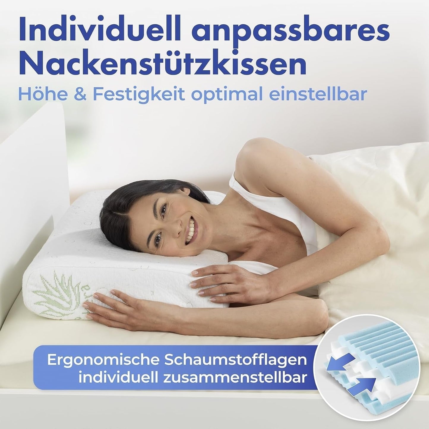 Maximex visco neksteunkussen, Ademend steunkussen met ergonomische schuimvulling, In hoogte en hoogte verstelbaar neksteunkussen voor een goede nachtrust, Met aloë vera Naty Shop standaard kussens