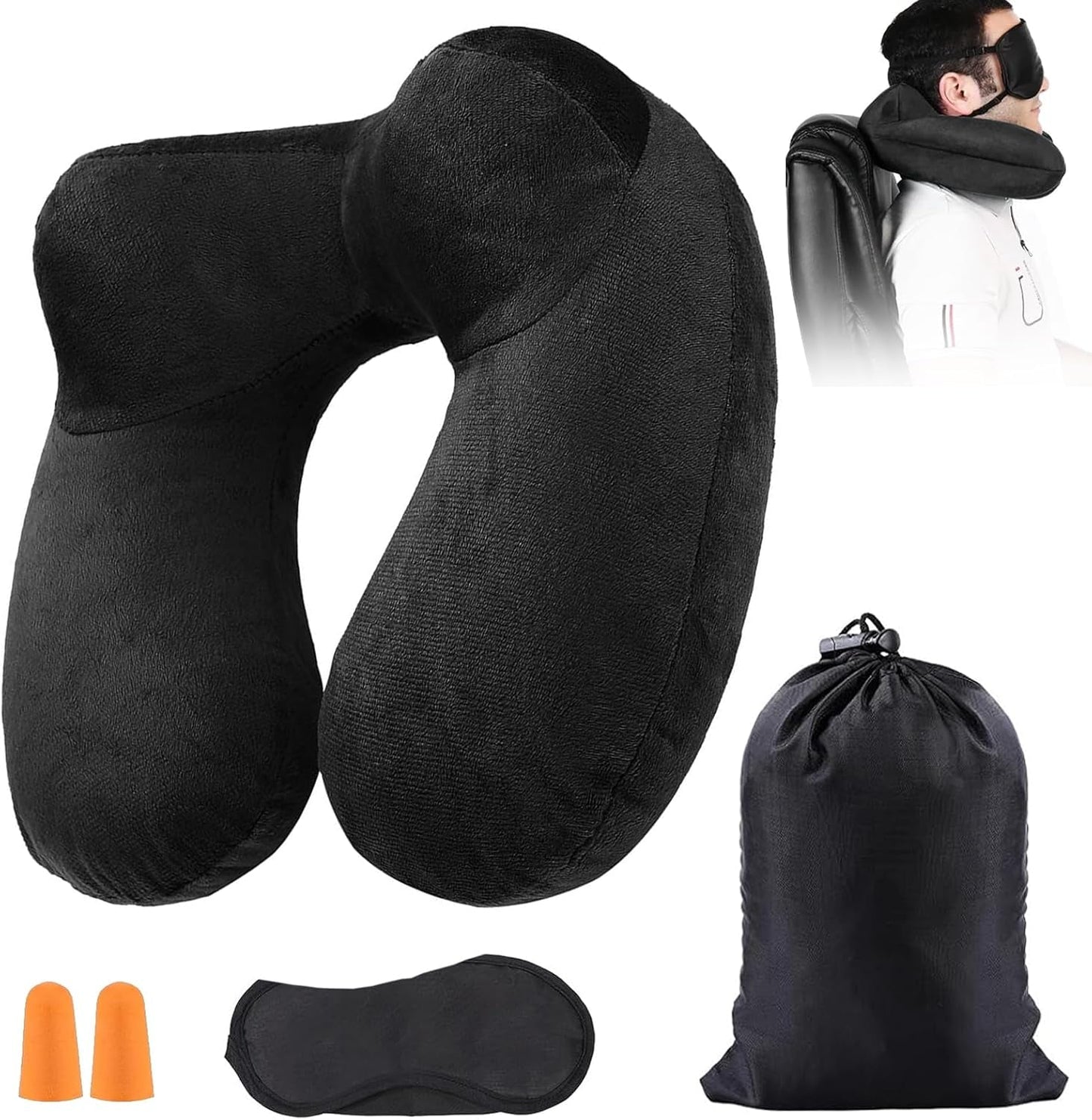 Opblaasbaar reiskussen, reiskussen met slaapmasker + oordopjes + draagtas, superlicht en draagbaar, ideaal voor vliegtuig, auto, huis, kantoor, zwart Naty Shop reiskussens standaardtitel