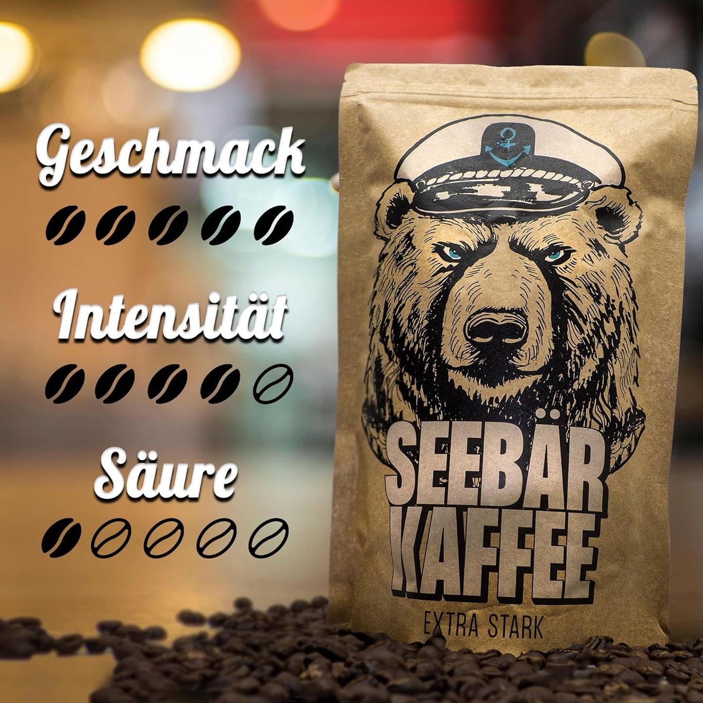 SEEBÄR COFFEE - Extra sterke koffiebonen - 500g - Lage zuurgraad en intens aroma - Hele bonen voor volautomatische koffiemachines, espresso en French press - Hoog cafeïnegehalte en lage zuurgraad