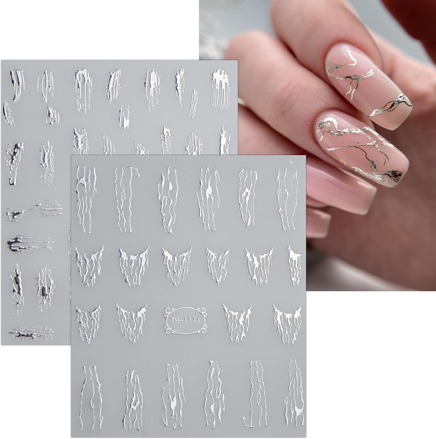 JMEOWIO Nagelsticker Marmor Linie 9 Blatt Nail Art Sticker Selbstklebend Nagelaufkleber Silver Bunt Decoratie Nageldesign Zubehör