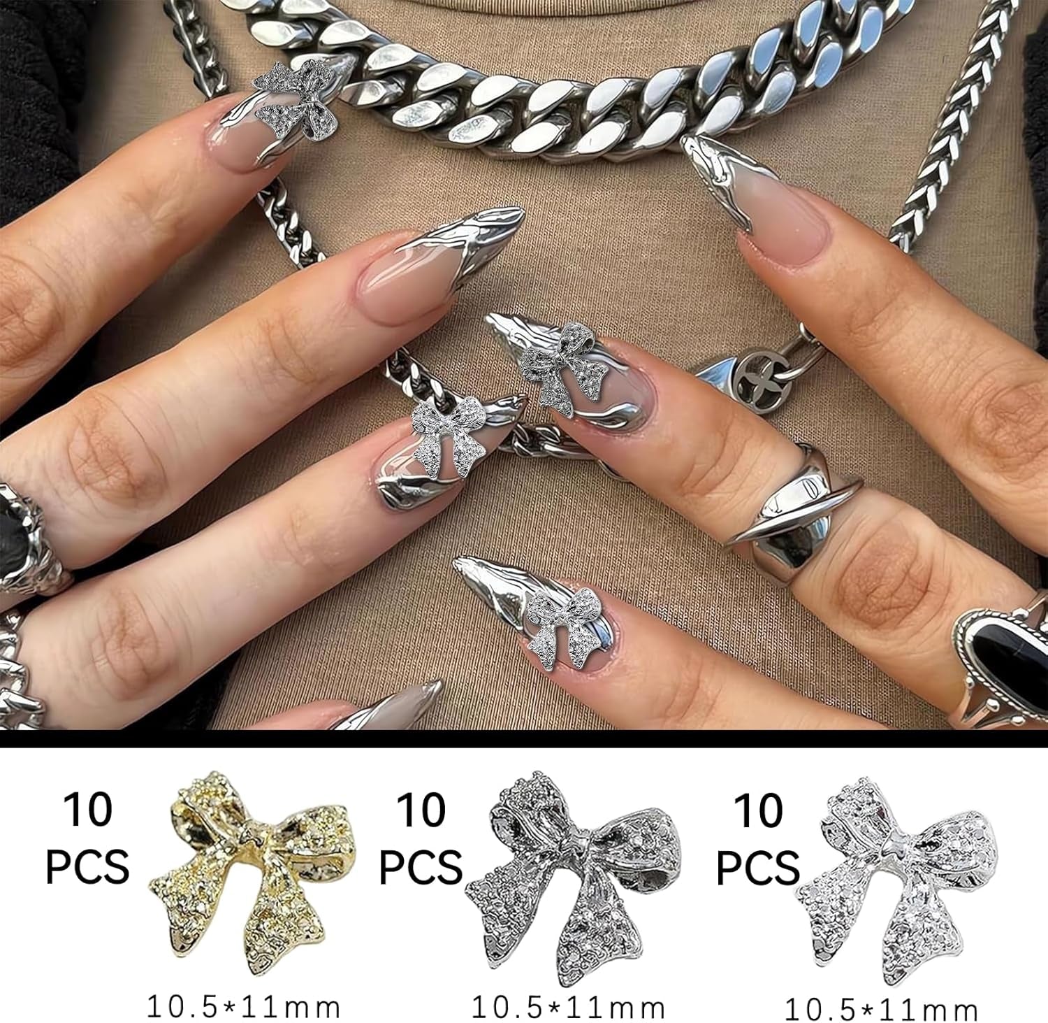 30st metalen nagelbogen, goud zilver grijze strikken, nagelaccessoires, nageldecoraties voor vrouwen en meisjes, nail art design