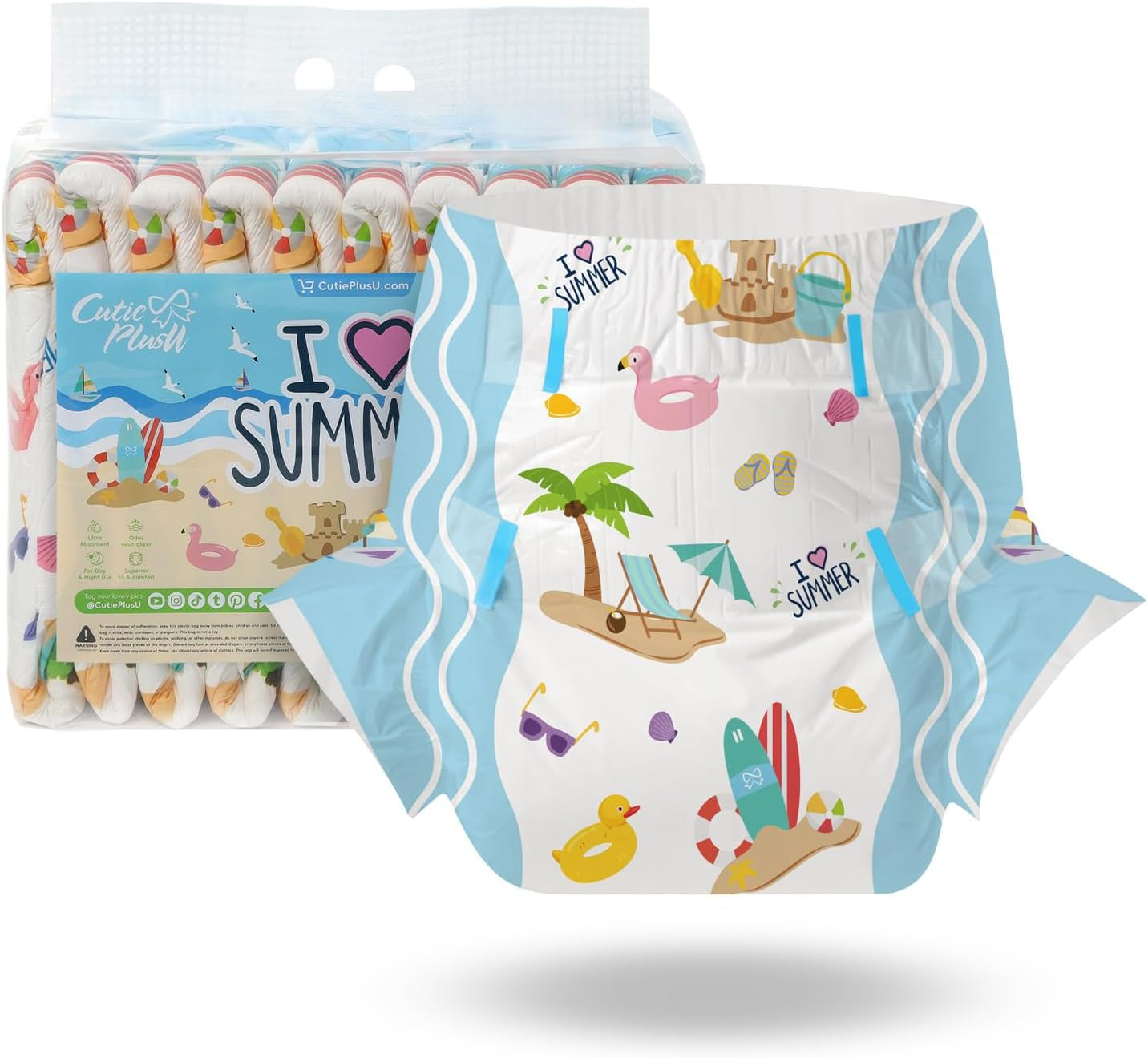 CutiePlusU luiers voor volwassenen, 10 stuks, wegwerpluiers voor dames en heren, maximaal absorptievermogen 's nachts - I Love Summer (middelgrote maat 71-96 cm)