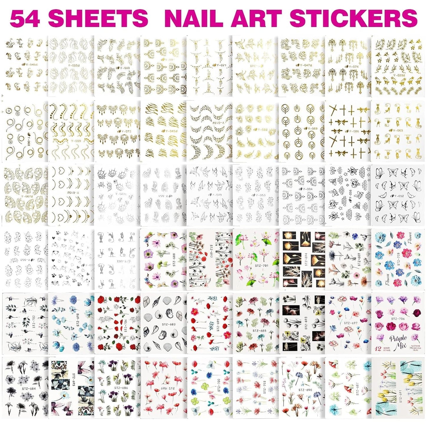 FANDAMEI 54 Blätter Wassertransfer Nagelsticker & Nail Art Pinsel Set, Dotted Pennen, Blattgold voor Nagelkunst, Streifenband, Strasssteine, Werkzeug en Decoratieset voor Nagelkunst Maniküre Set