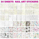 FANDAMEI 54 Blätter Wassertransfer Nagelsticker & Nail Art Pinsel Set, Dotted Pennen, Blattgold voor Nagelkunst, Streifenband, Strasssteine, Werkzeug en Decoratieset voor Nagelkunst Maniküre Set