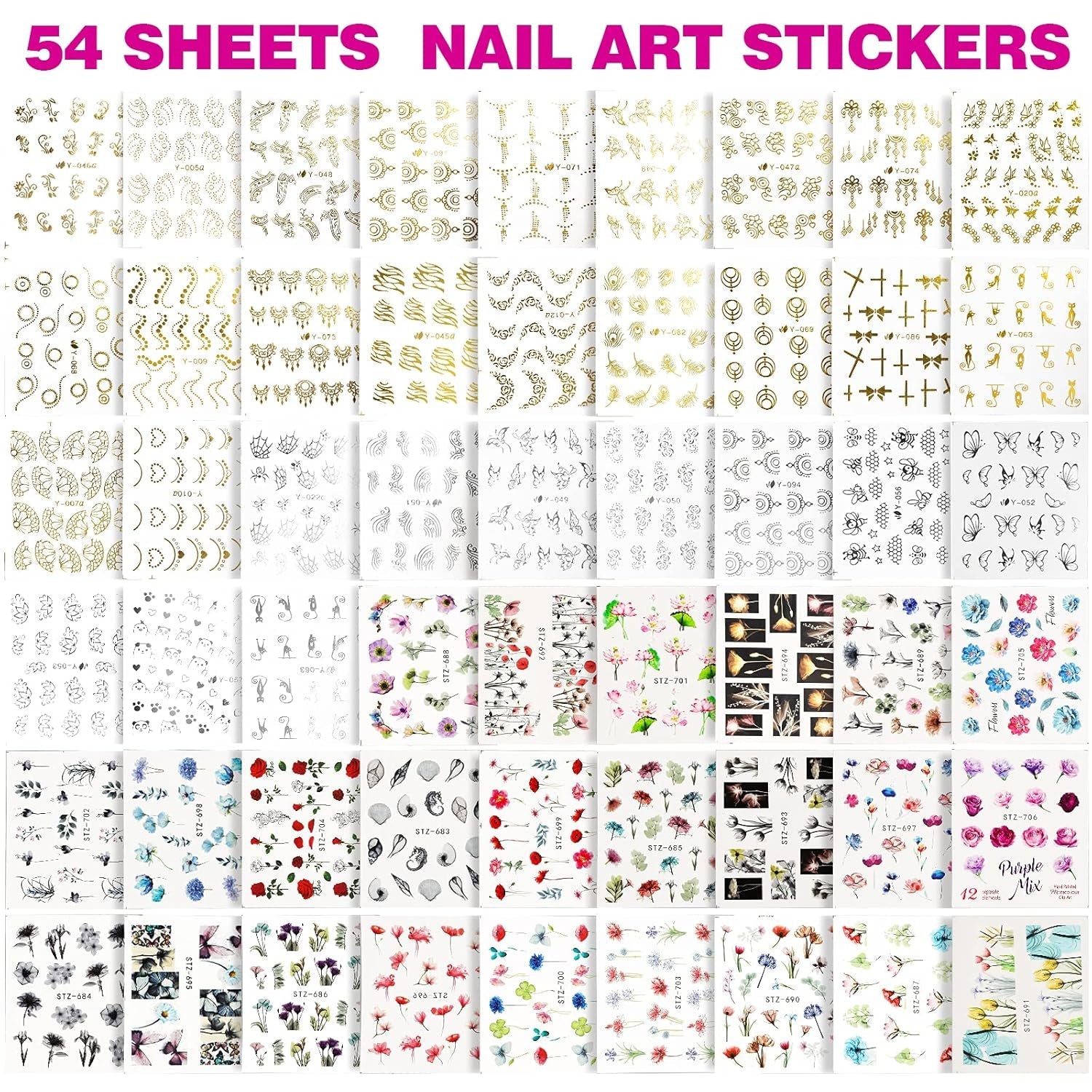 FANDAMEI 54 Blätter Wassertransfer Nagelsticker & Nail Art Pinsel Set, Dotted Pennen, Blattgold voor Nagelkunst, Streifenband, Strasssteine, Werkzeug en Decoratieset voor Nagelkunst Maniküre Set