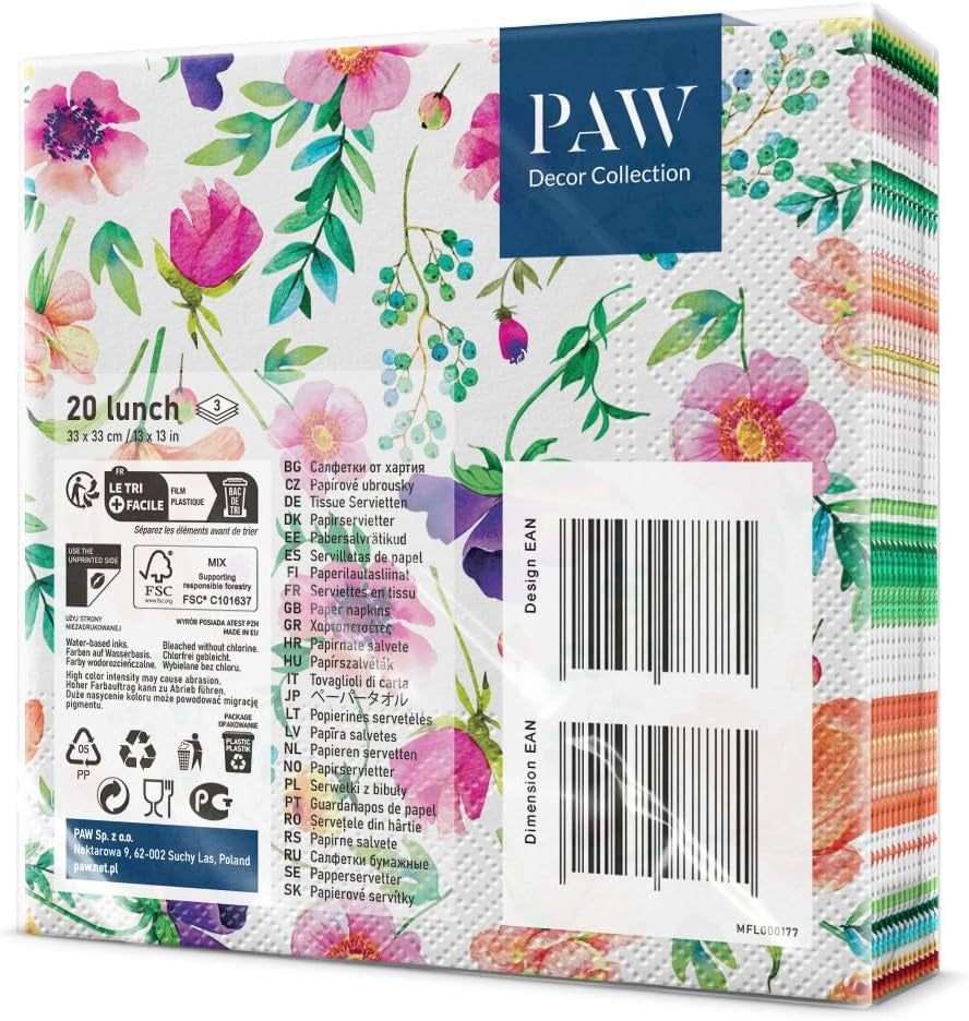 PAW - 3-laags servetten (33 x 33 cm) I 20 stuks I Perfect voor verjaardagen, feesten, bruiloften, communies en feestdagen I Tafeldecoraties Kleurrijke papieren servetten - Kleurrijke bloemen Flora I Bloemstuk
