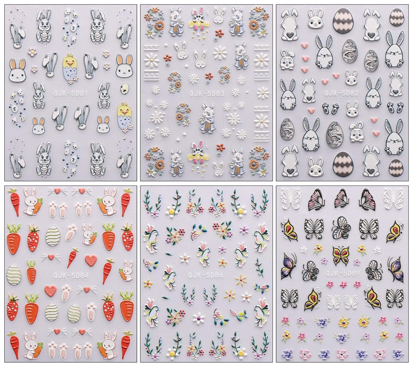 JMEOWIO 6 Blatt 3D Nagelsticker Ostern Nail Art Sticker Selbstklebend Nagelaufkleber 5D Stereoskopisch Süßer Hase Ei Decoratie Nageldesign Zubehör