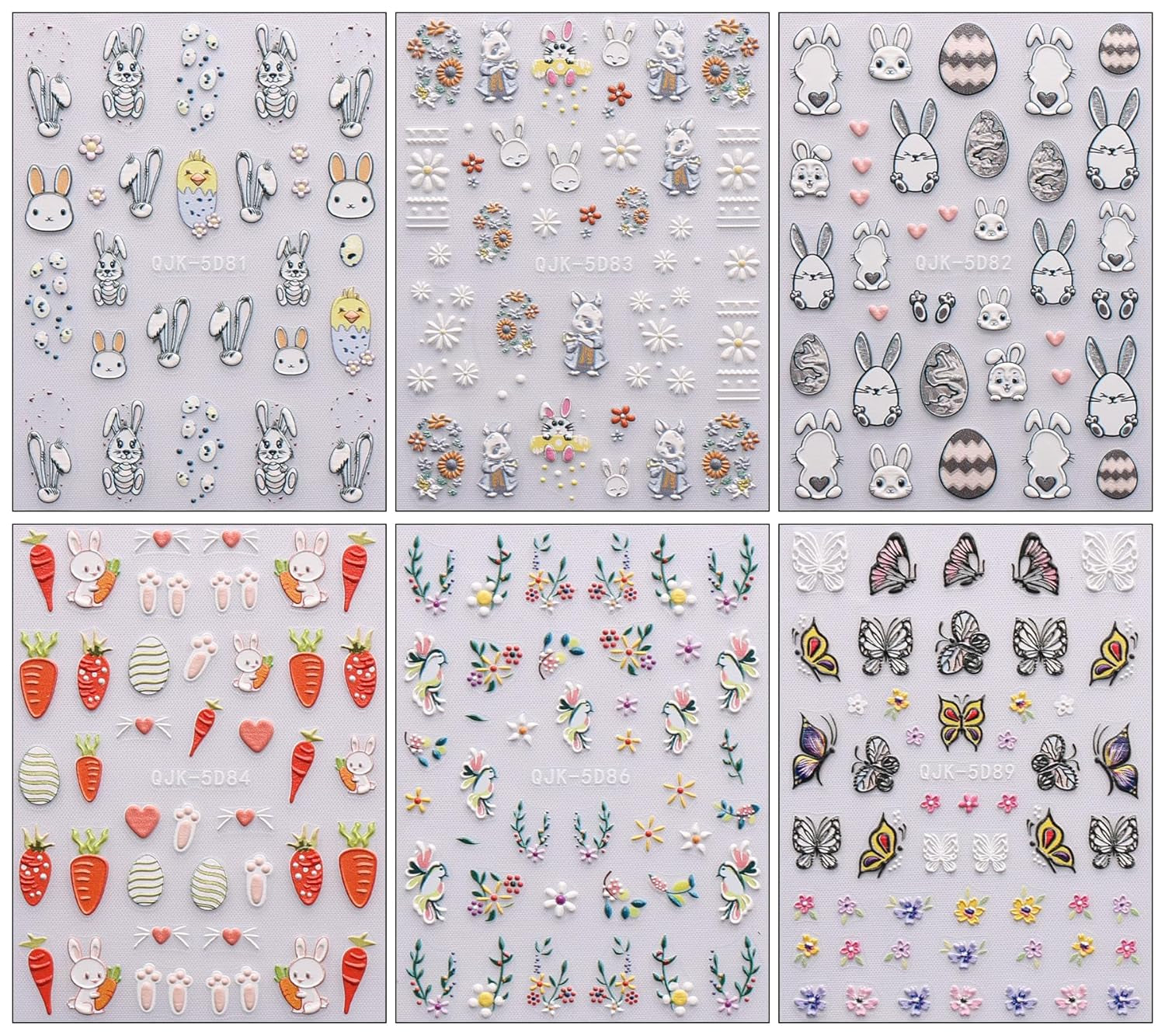 JMEOWIO 6 Blatt 3D Nagelsticker Ostern Nail Art Sticker Selbstklebend Nagelaufkleber 5D Stereoskopisch Süßer Hase Ei Decoratie Nageldesign Zubehör