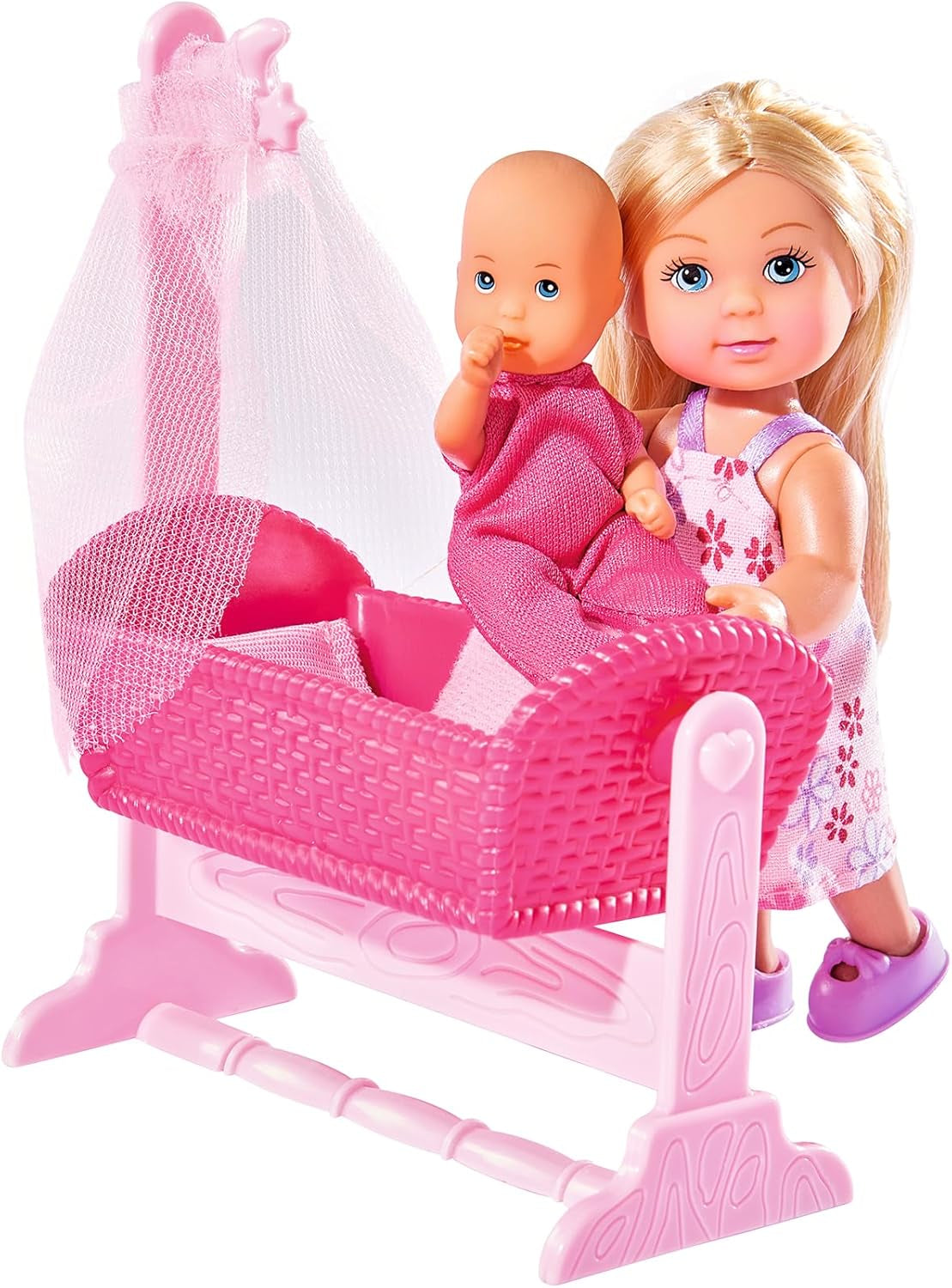 Simba 105736242 - Evi Love Doll Cradle 2 Assortiment Evi als oppas met wieg en babymodepop 12 cm voor 3 jaar en ouder