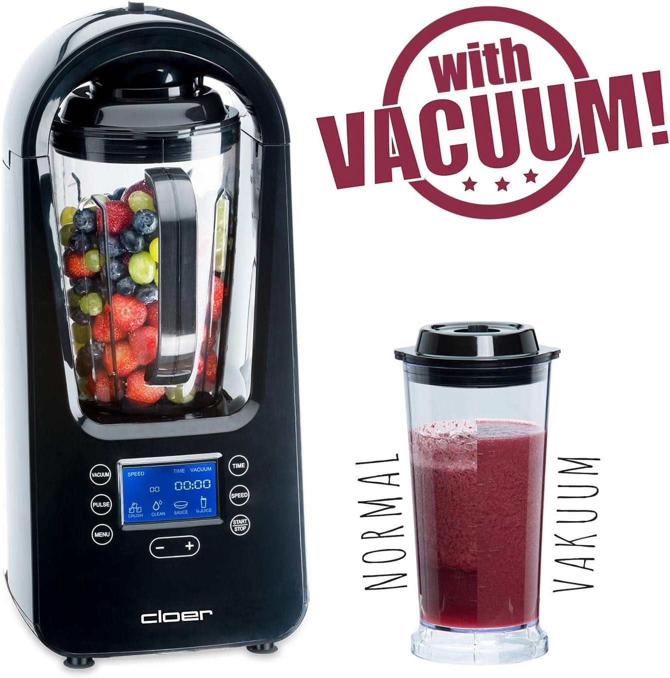 Cloer 6980 Vakuum Standmixer / 800 Watt / 21.000 U/Min. / Incl. Vorratsbehälter/Vakuumventil/Automatikprogramme/Eis-Crush-Funktion/Reinigungsfunktion/Schwarz, 1500 Milliliter Keuken Naty Shop