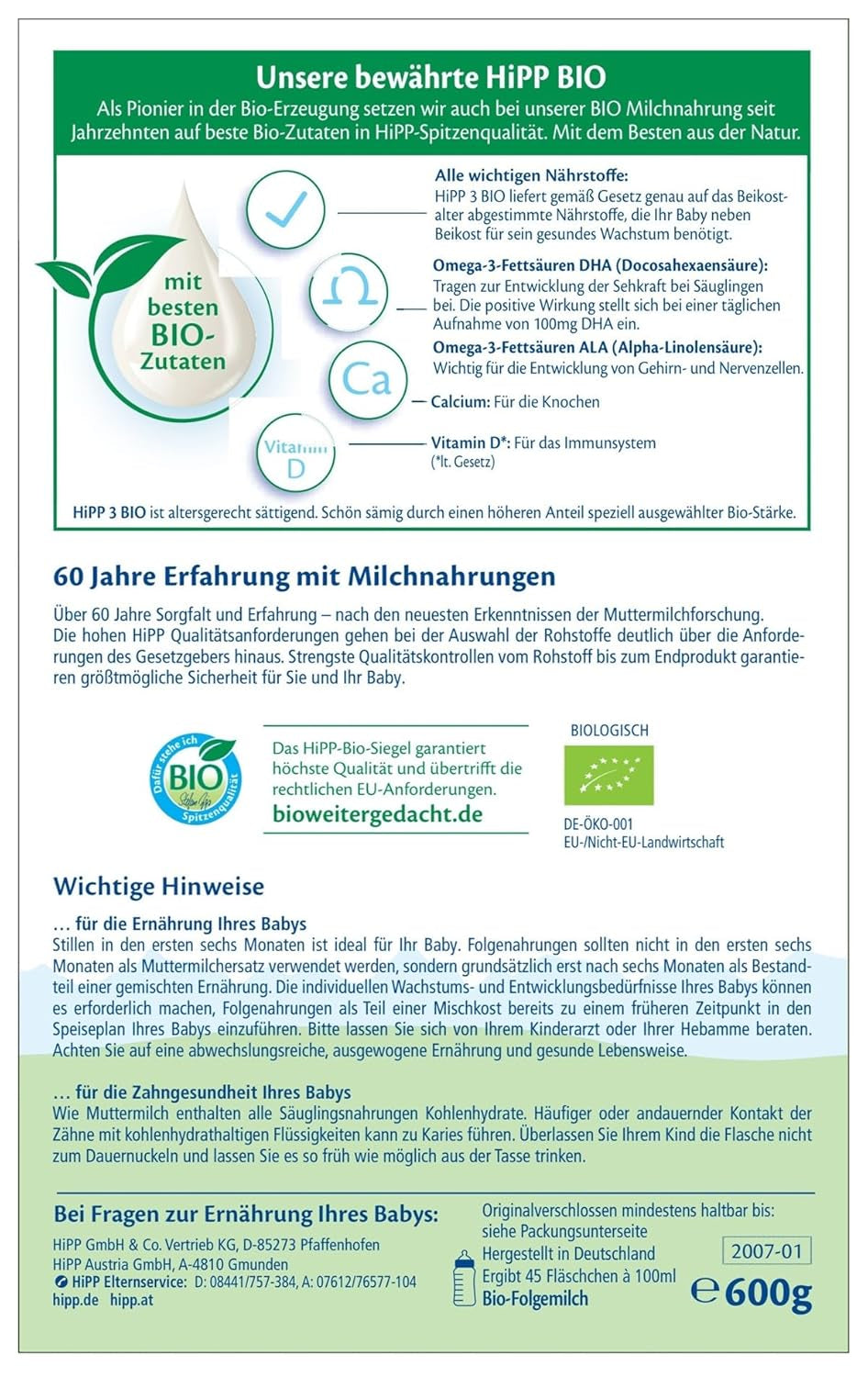HiPP 3 Biologische opvolgmelk (4 x 600 g) - na 10 maanden, met Omega-3 (DHA, ALA), Calcium, Vitamine D, van de beste biologische kwaliteit