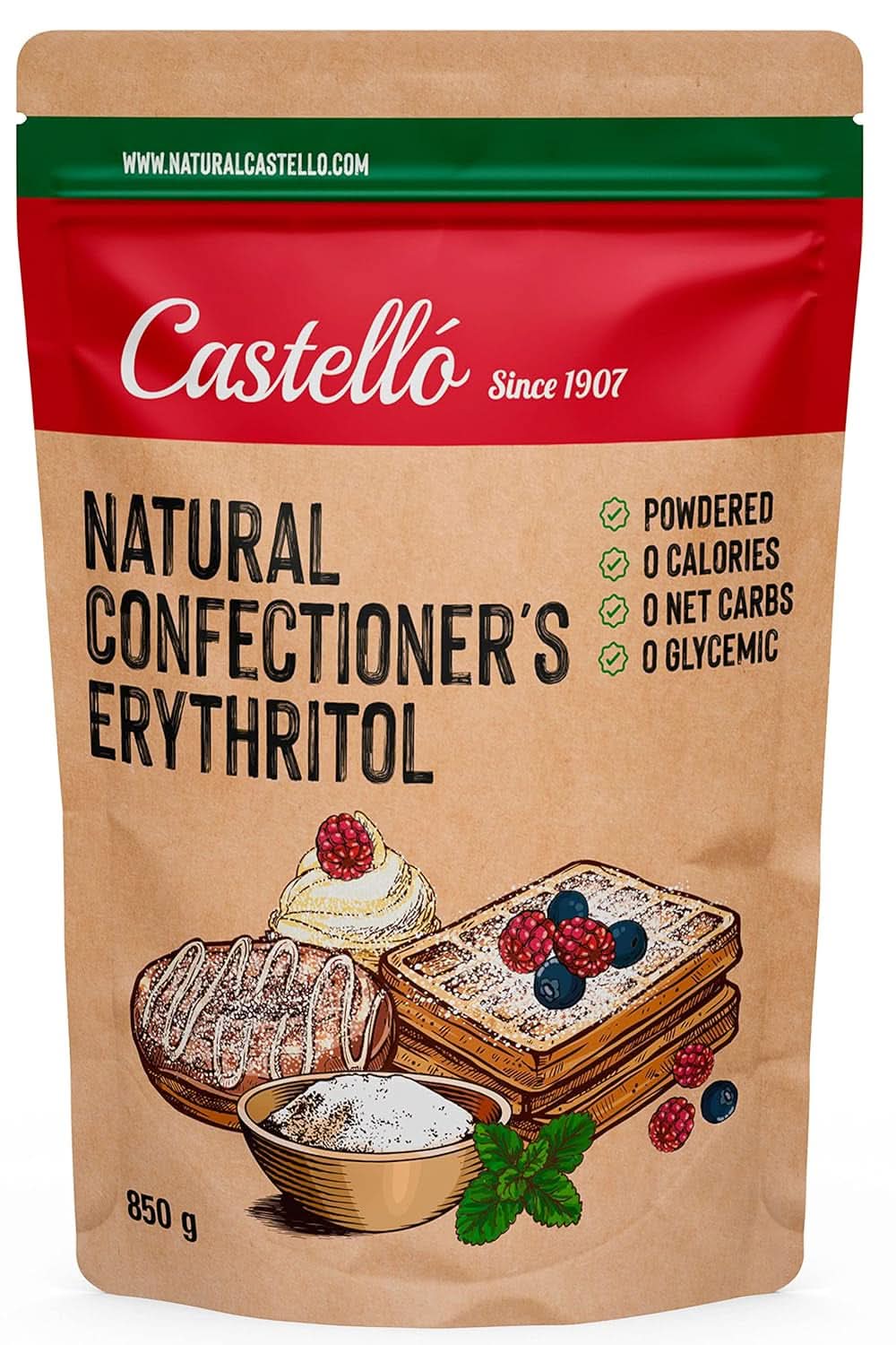 Natuurlijke Erythritol - Poedersuiker | 10G = 7G suiker, 850 gram Zoetstoffen Naty Shop